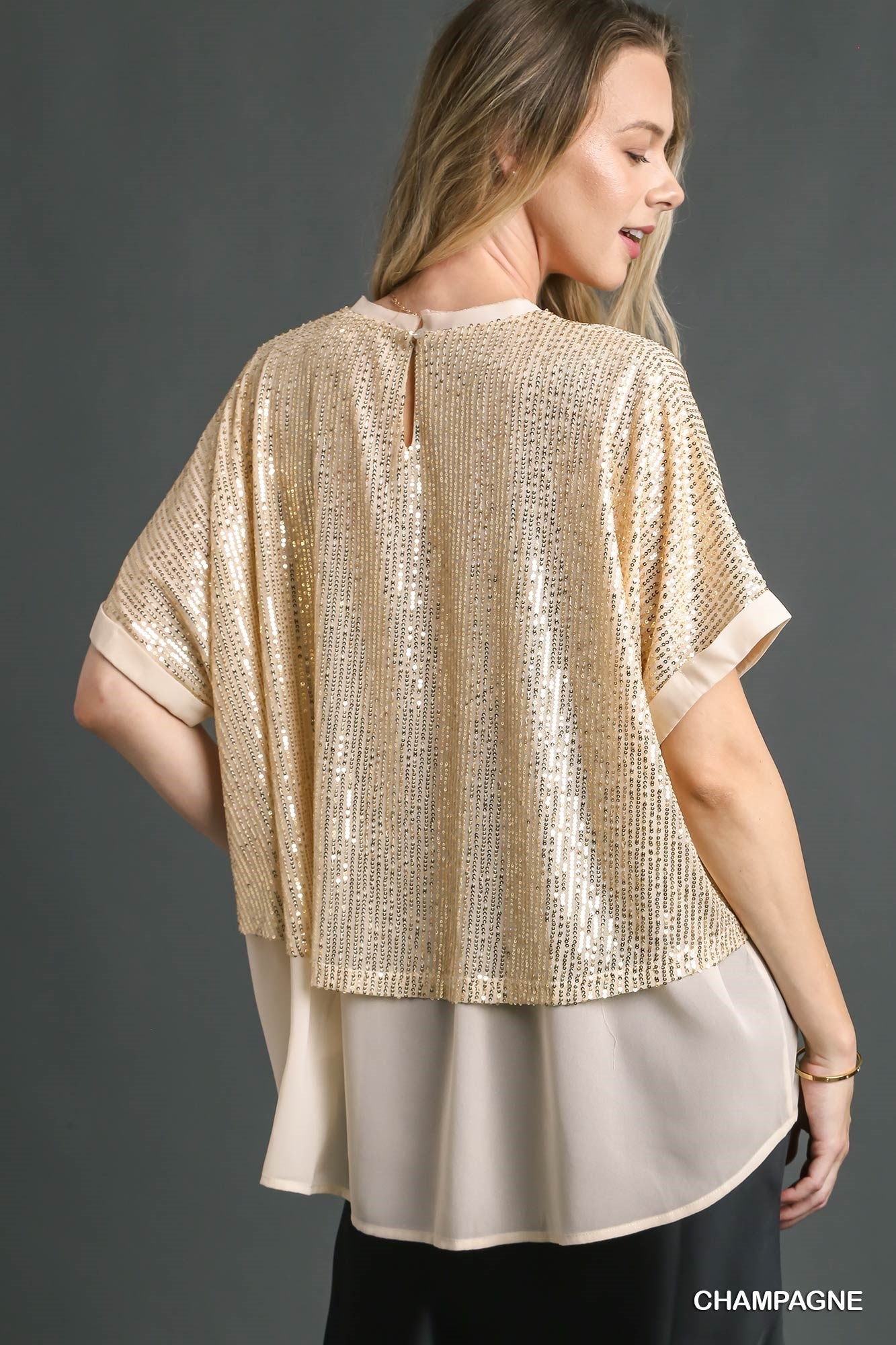 Umgee Sequin Round Neck Layering Back Button Keyhole Top - Roulhac Fashion Boutique