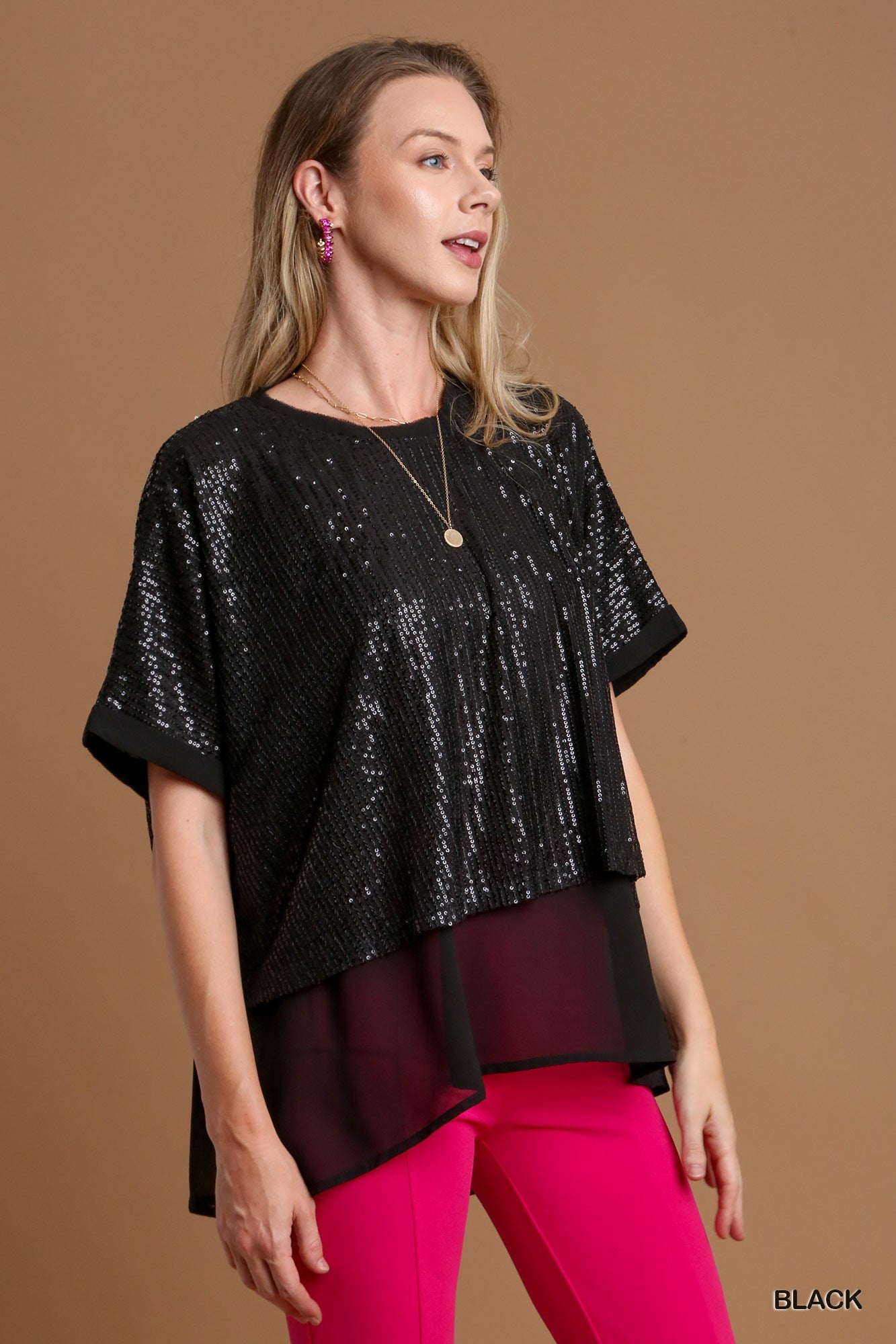 Umgee Sequin Round Neck Layering Back Button Keyhole Top