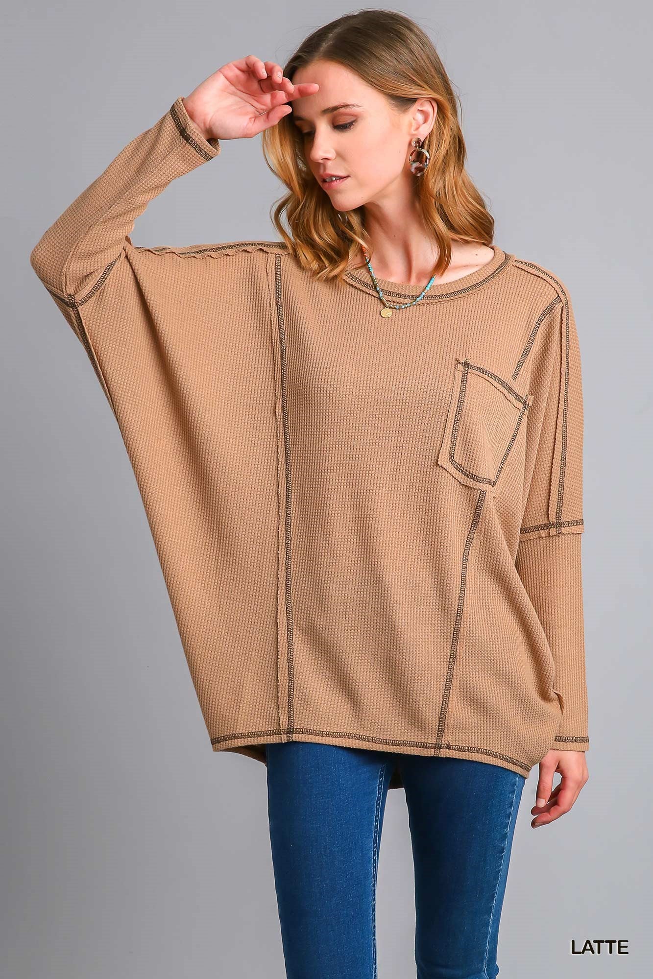 Umgee Waffle Knit Contrast Knit Long Sleeve Round Neck Pocket Top - Roulhac Fashion Boutique