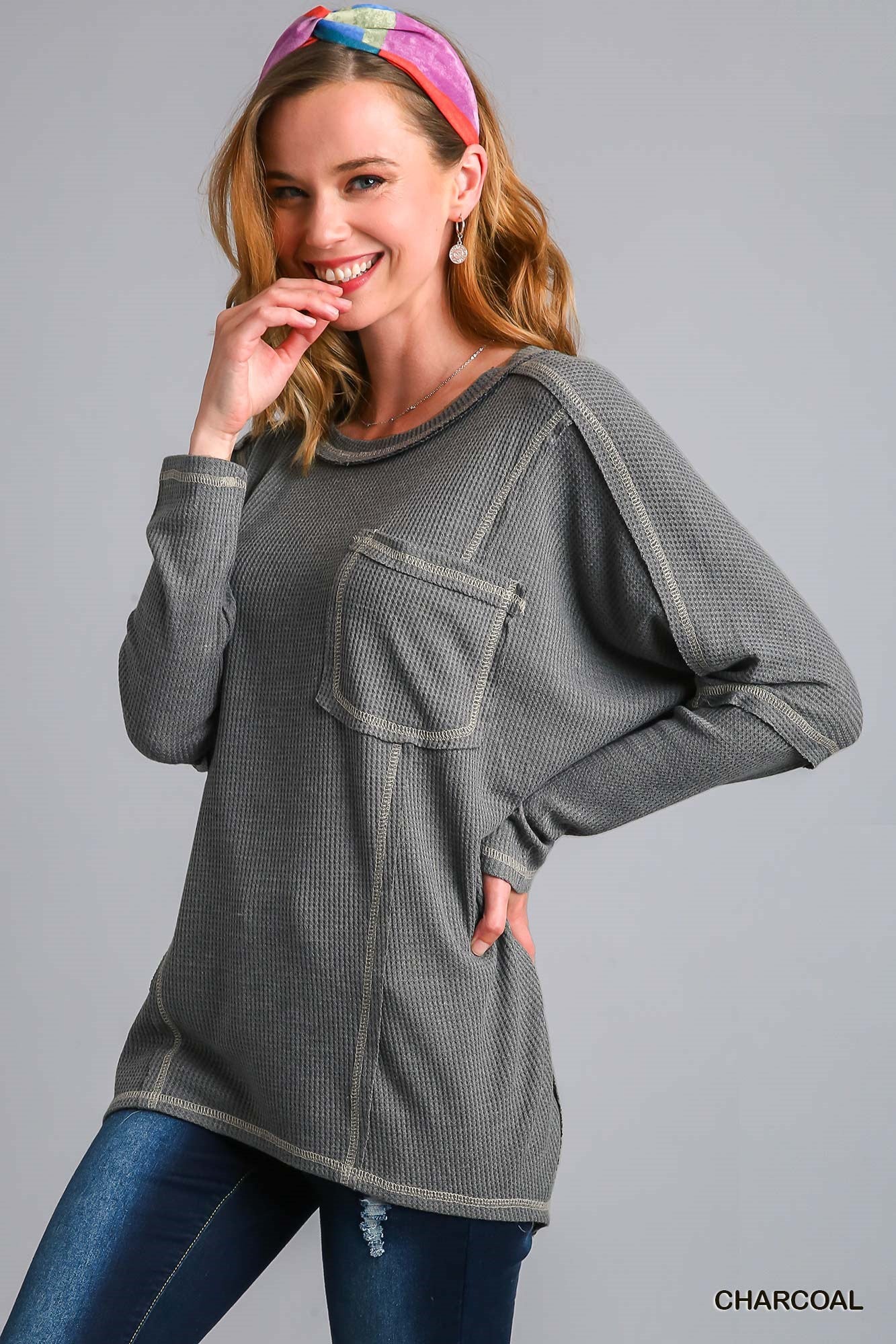 Umgee Waffle Knit Contrast Knit Long Sleeve Round Neck Pocket Top
