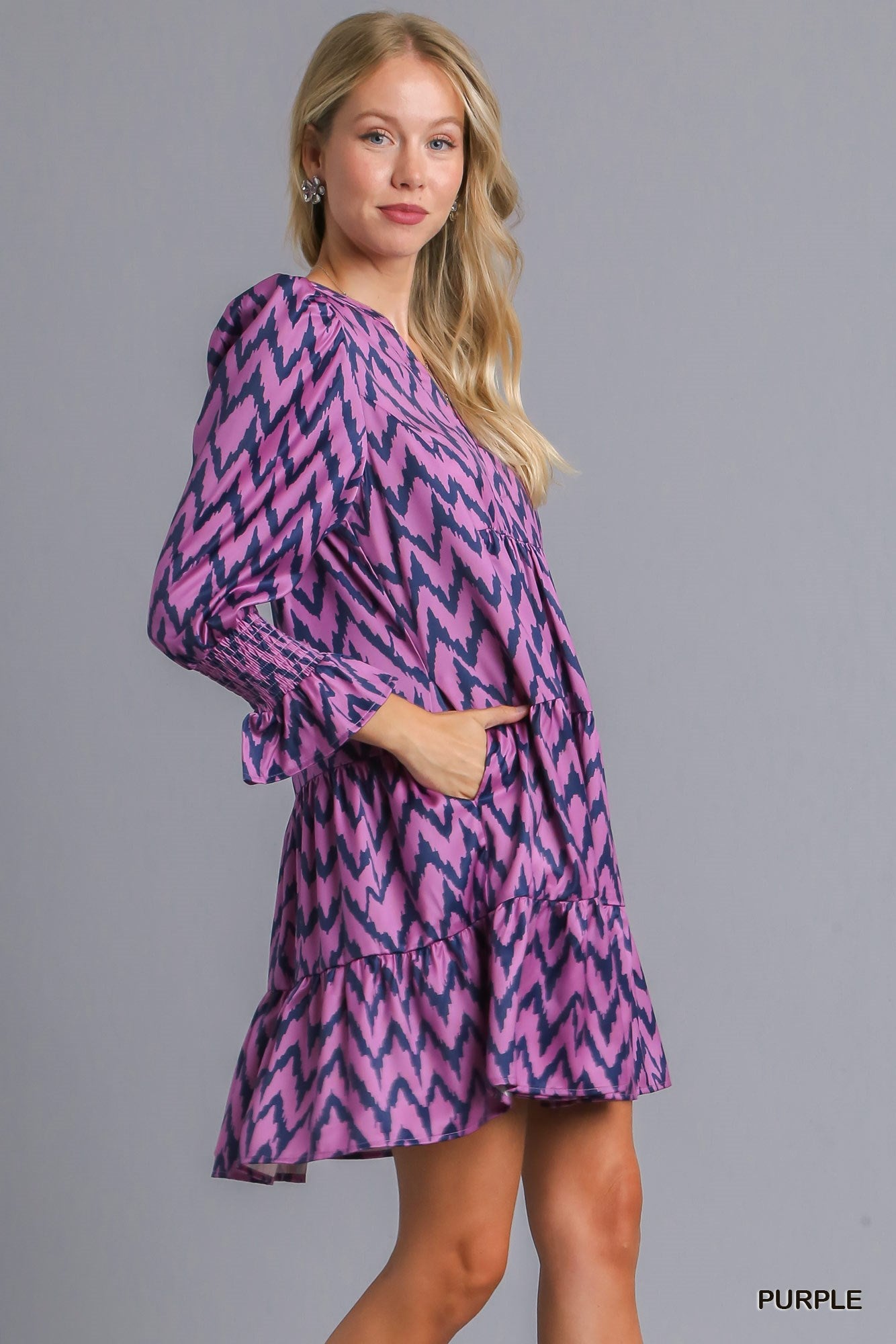 Umgee Hot Chevron Tiered Long Sleeve Ruffle Print Mini Dress - Roulhac Fashion Boutique