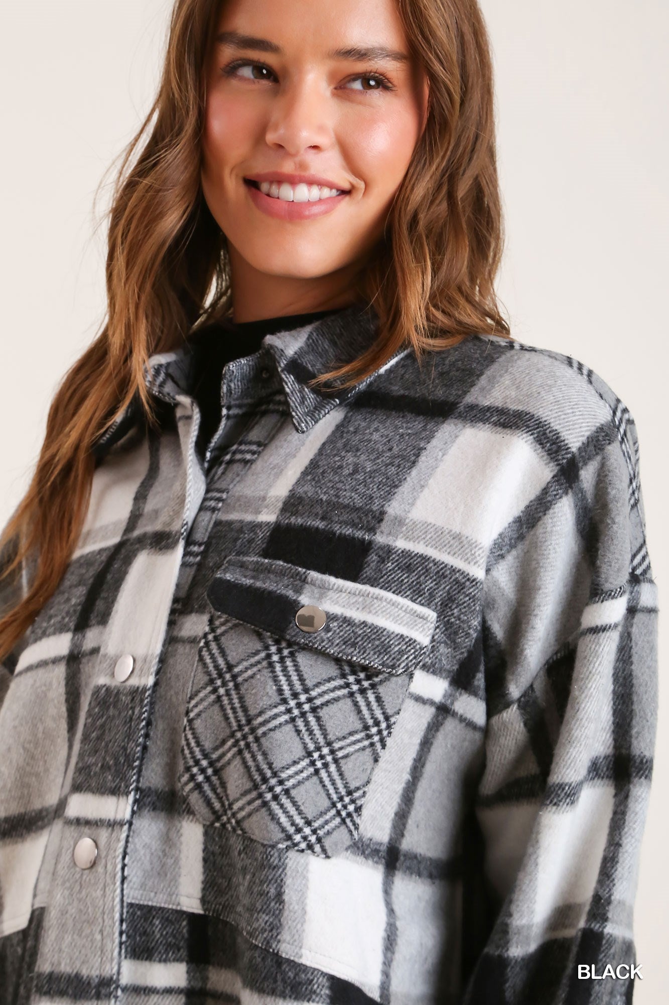 Umgee Contrast Plaid Chest Pockets Button Down Collared Jacket - Roulhac Fashion Boutique