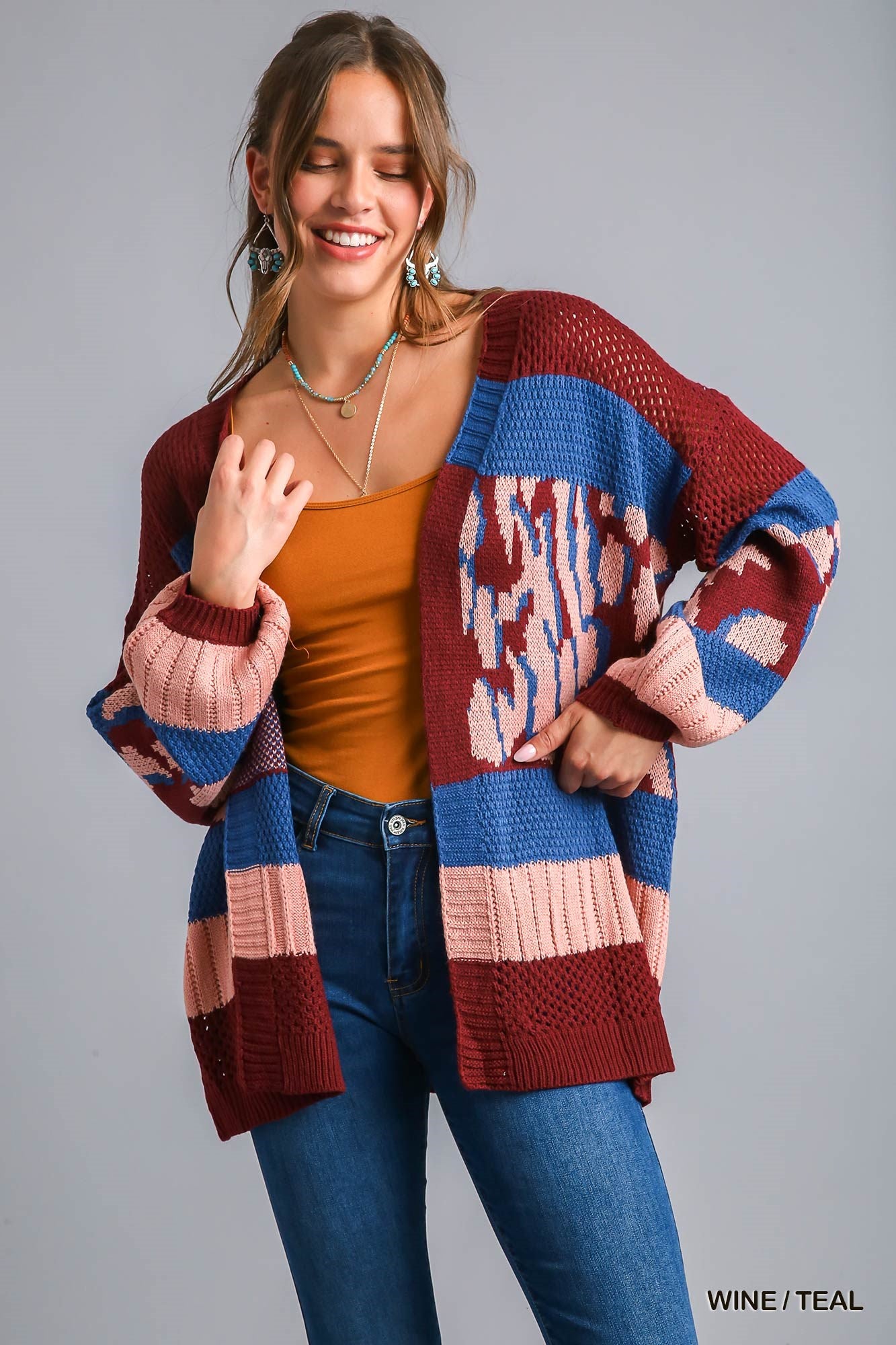 Umgee Multi Color Animal Print Colorblock Sweater Cardigan - Roulhac Fashion Boutique