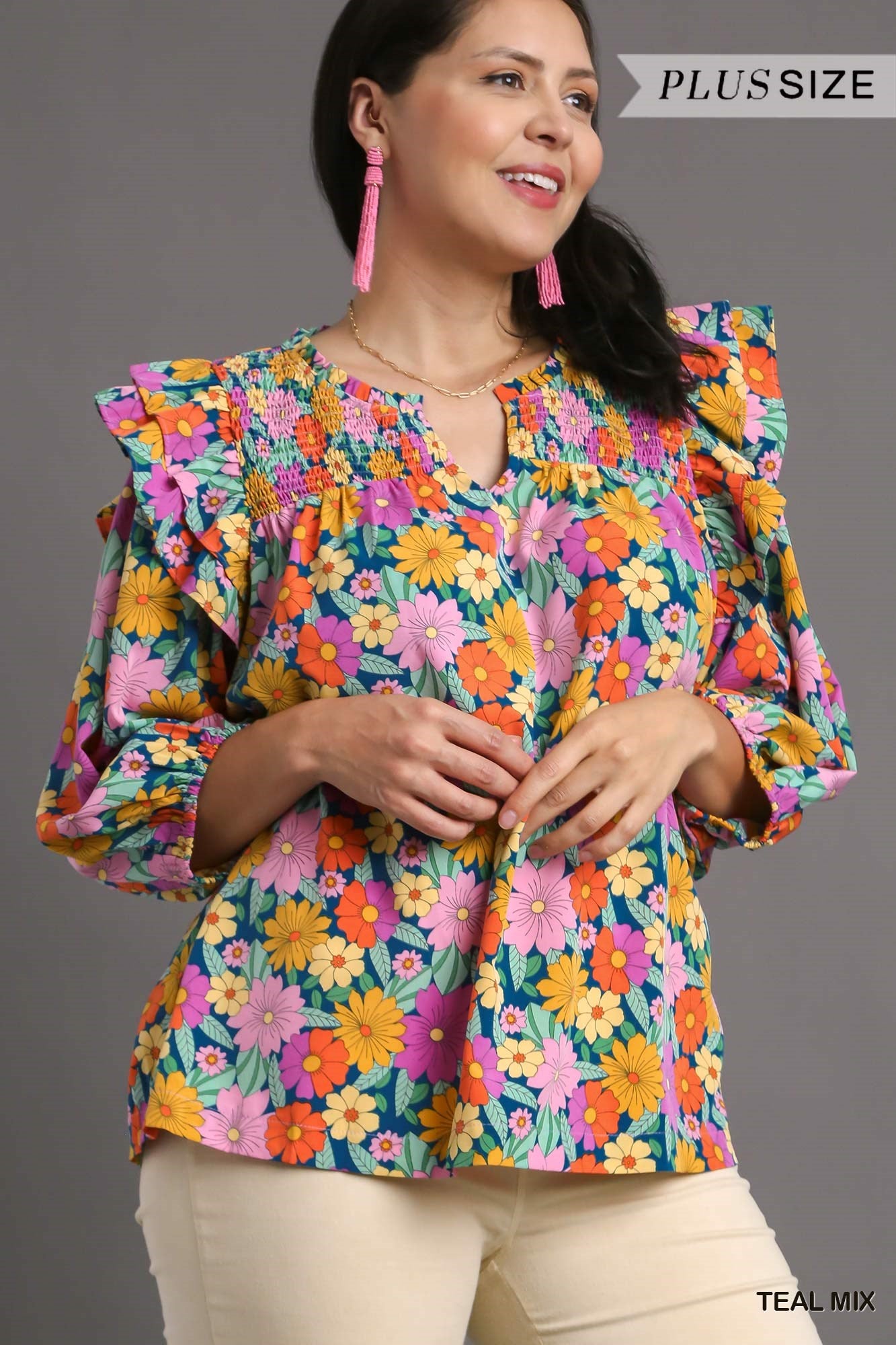 Umgee Plus Multicolor Flower Print V-Notched Smocked Top