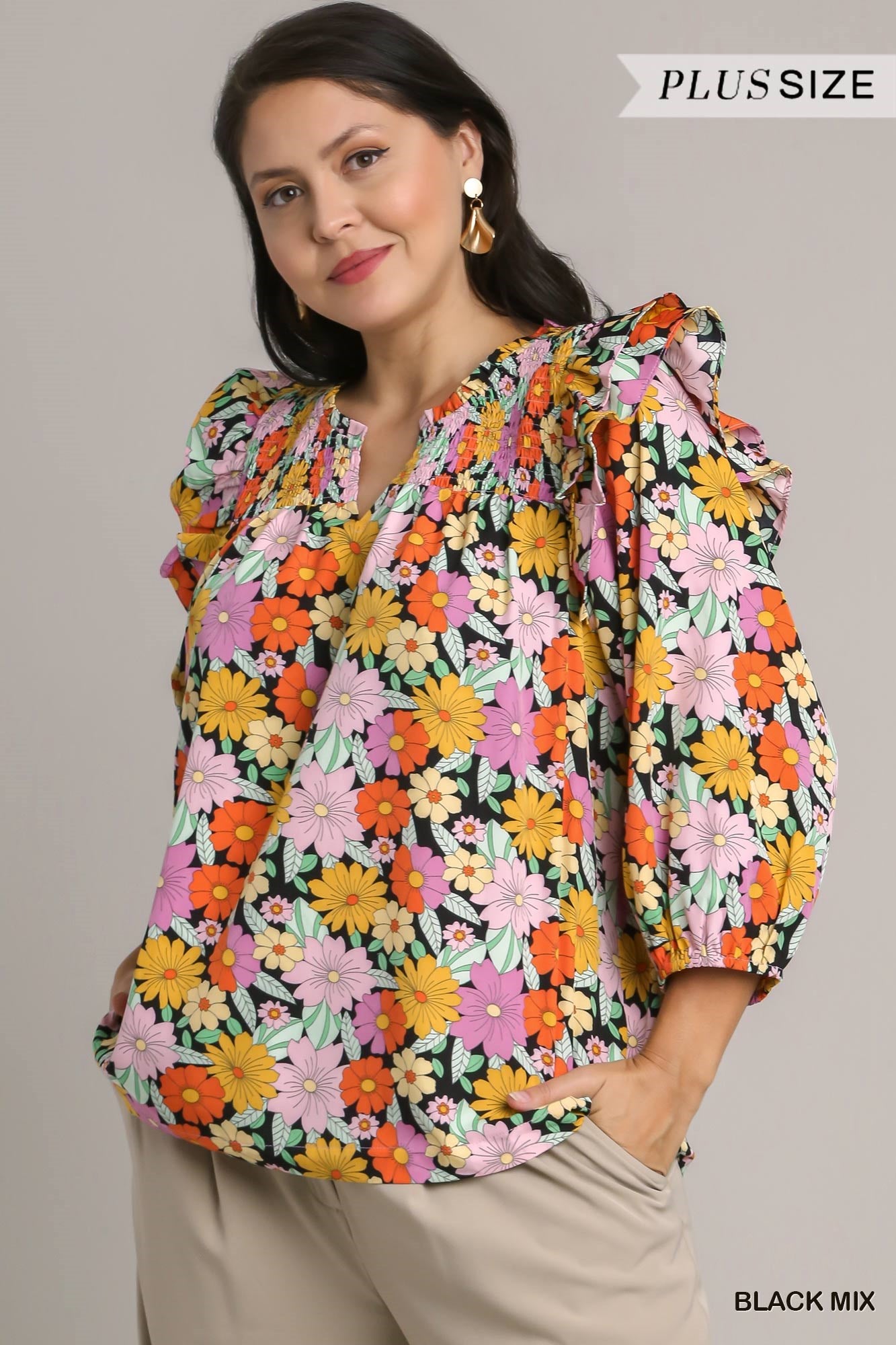 Umgee Plus Multicolor Flower Print V-Notched Smocked Top