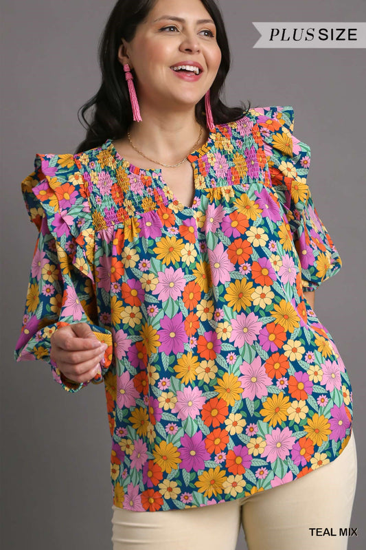 Umgee Plus Multicolor Flower Print V-Notched Smocked Top