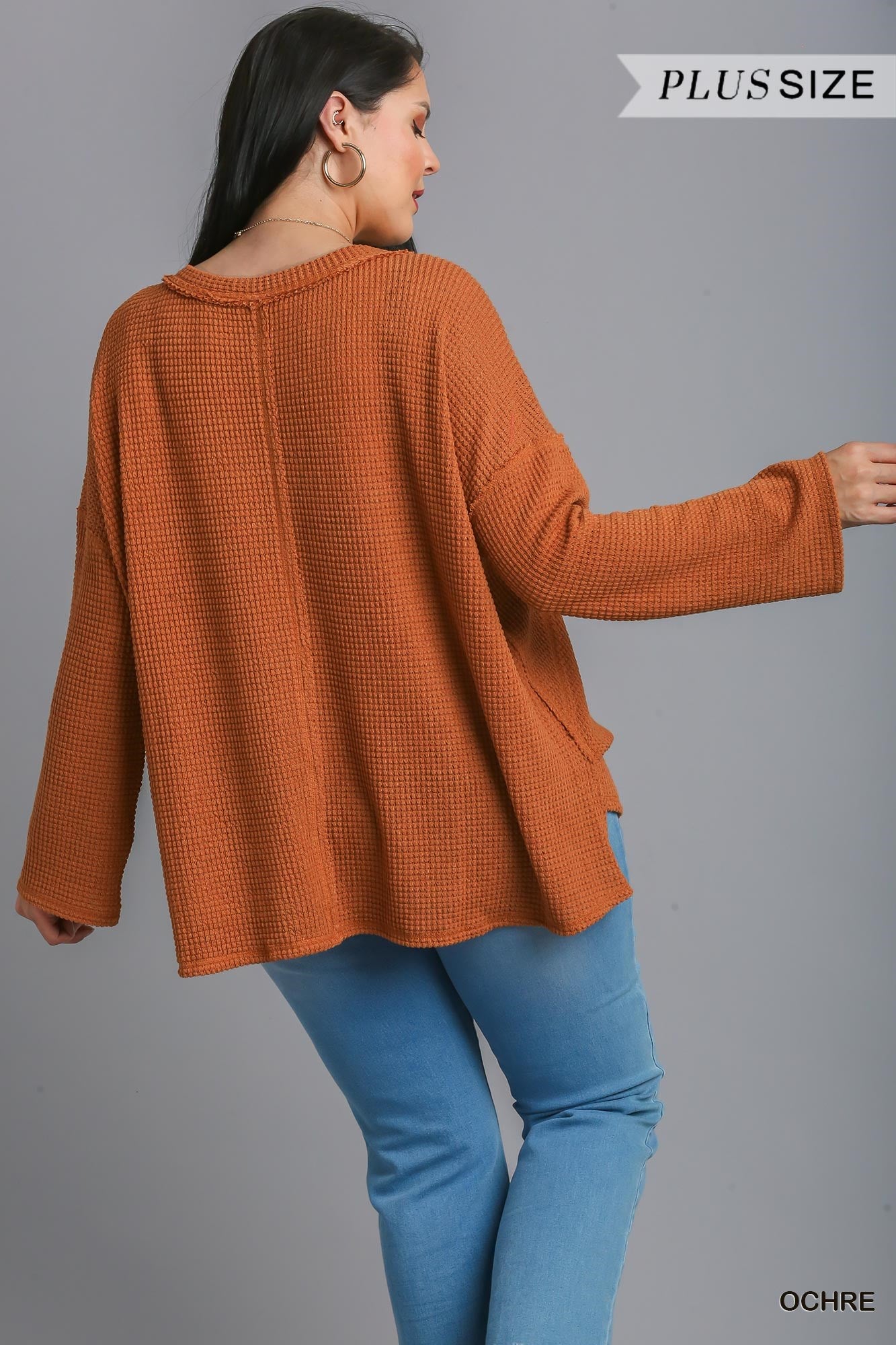 Umgee Plus Waffle Knit Reverse Seam Bell Sleeves Top