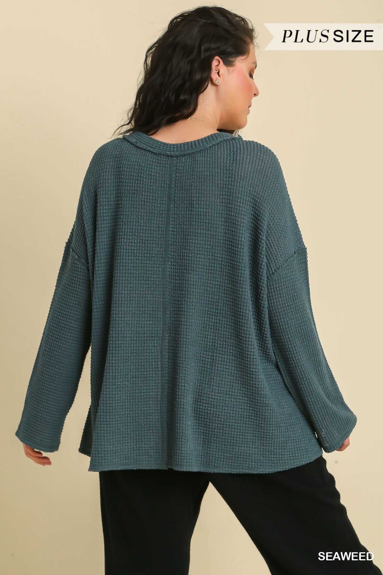 Umgee Plus Waffle Knit Reverse Seam Bell Sleeves Top