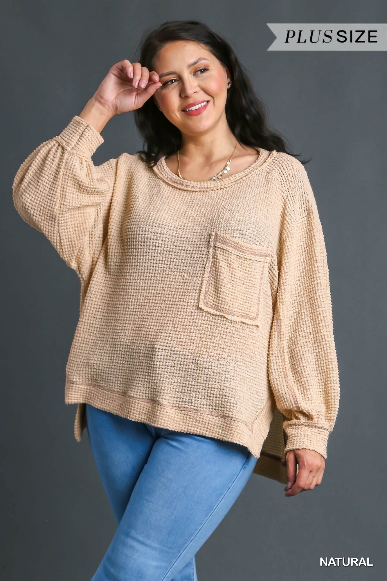 Umgee Plus Chunky Waffle Knit Long Sleeve Side Slit Top