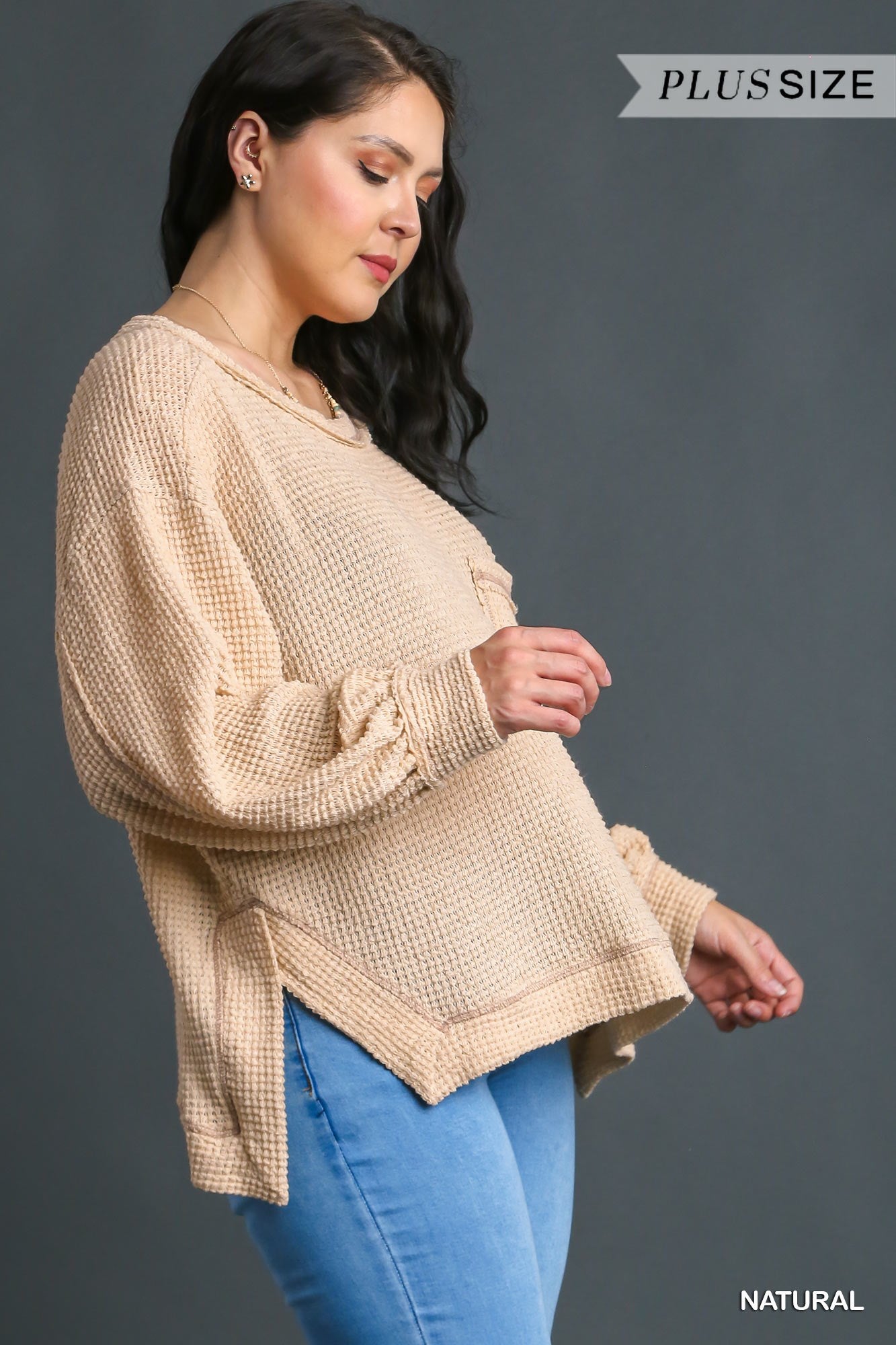 Umgee Plus Chunky Waffle Knit Long Sleeve Side Slit Top