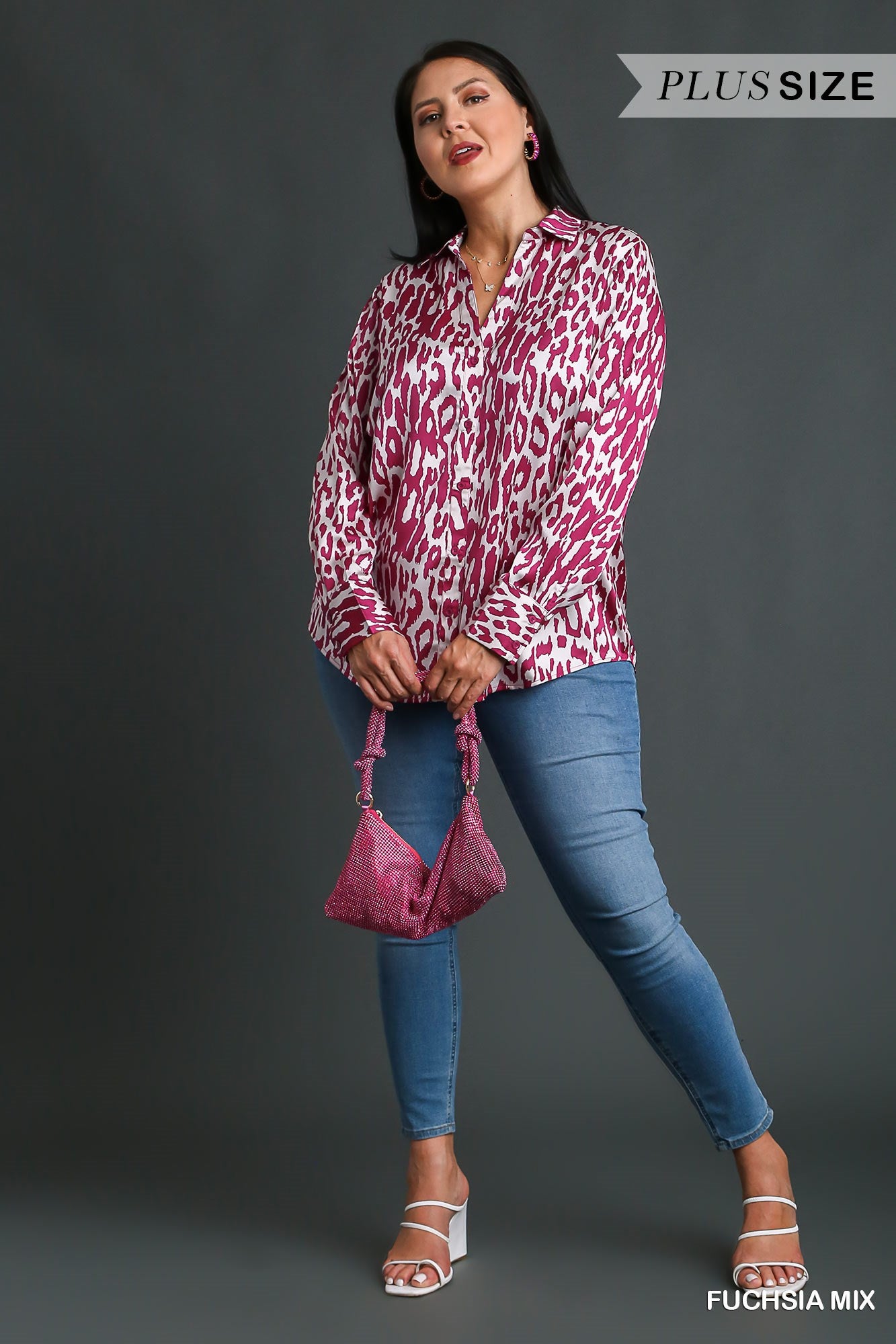 Umgee Plus Animal Print Satin Button Down Shirt Top