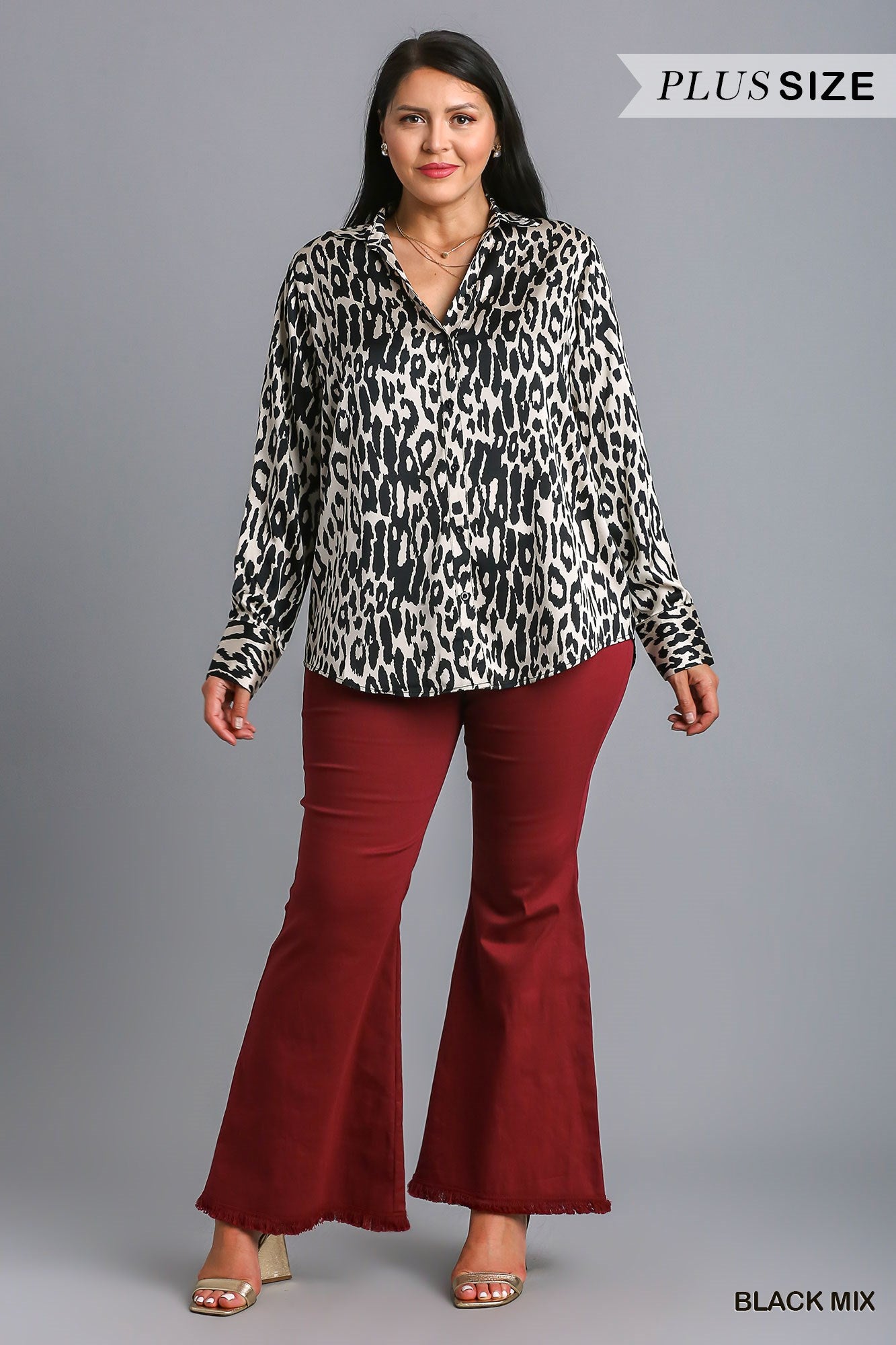 Umgee Plus Animal Print Satin Button Down Shirt Top