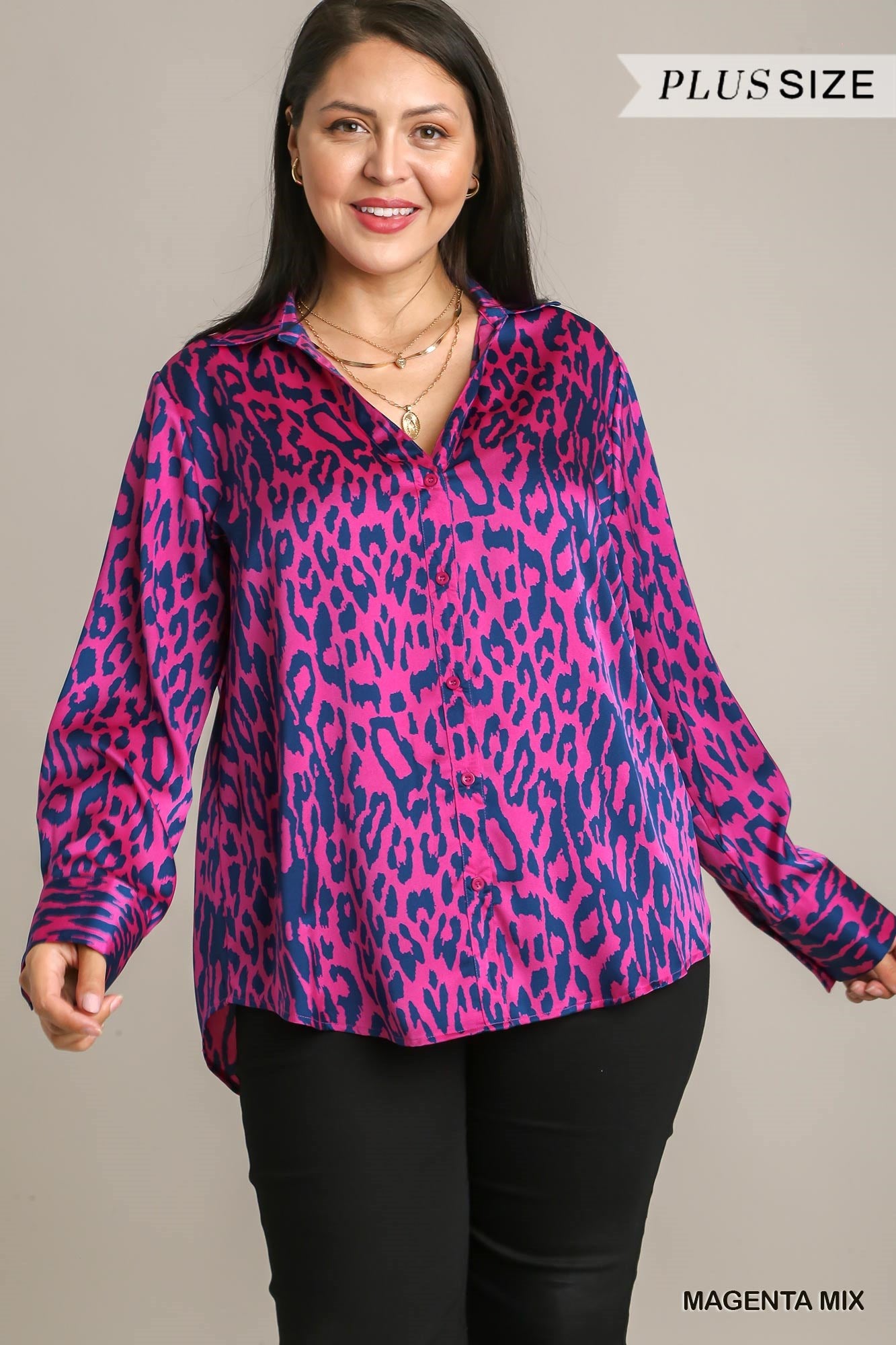 Umgee Plus Animal Print Satin Button Down Shirt Top