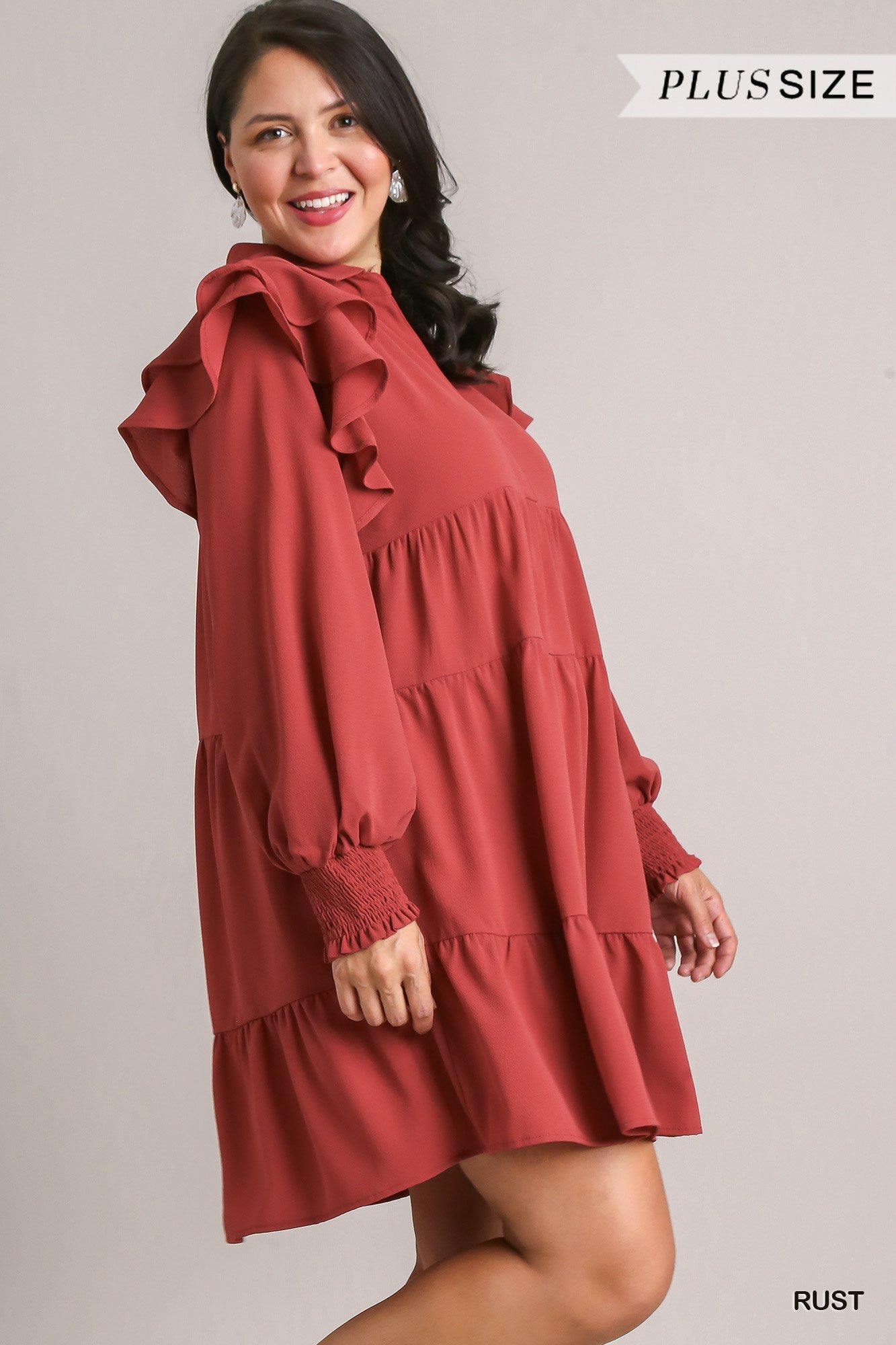 Umgee Plus Tiered Collared Double Ruffle Smocked Long Sleeve Dress