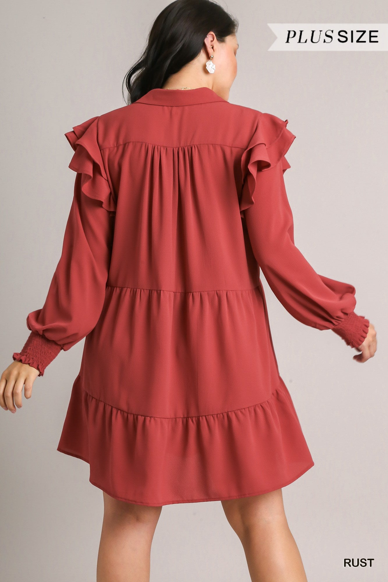 Umgee Plus Tiered Collared Double Ruffle Smocked Long Sleeve Dress