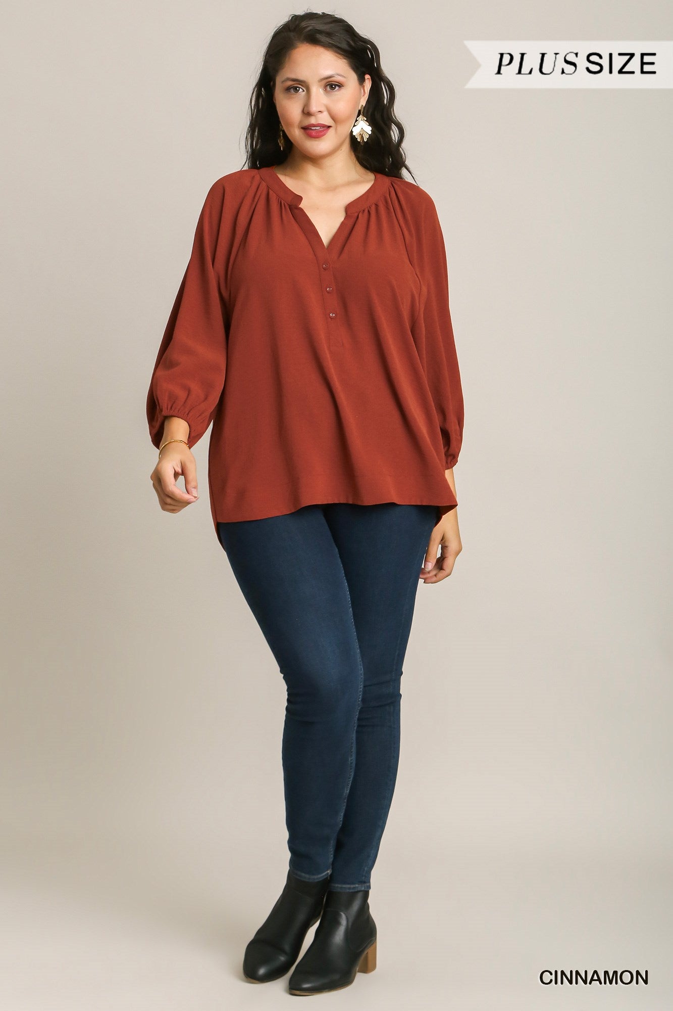 Umgee Plus Notched Neckline Raglan Sleeve High Low Hem Top