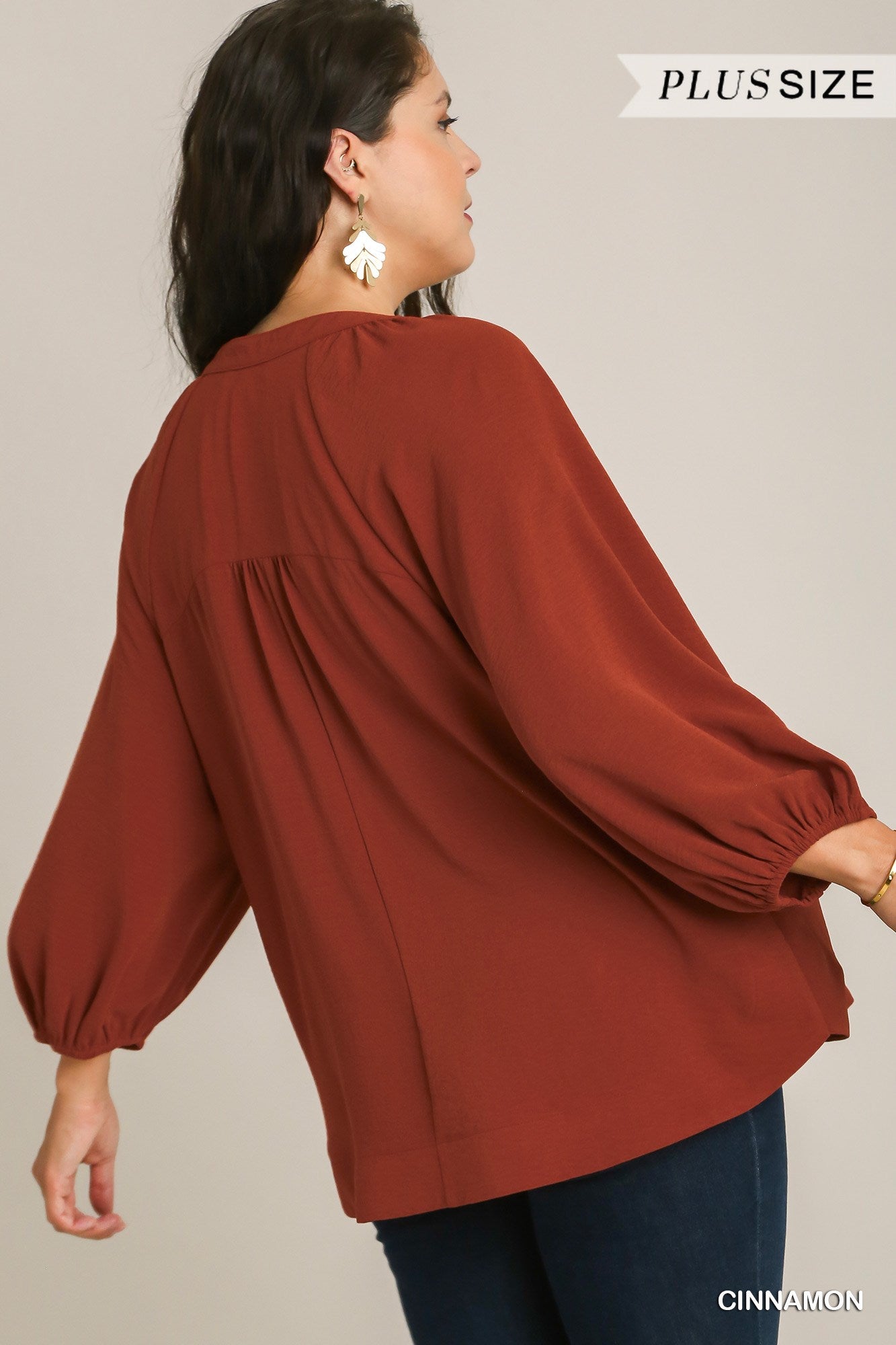 Umgee Plus Notched Neckline Raglan Sleeve High Low Hem Top