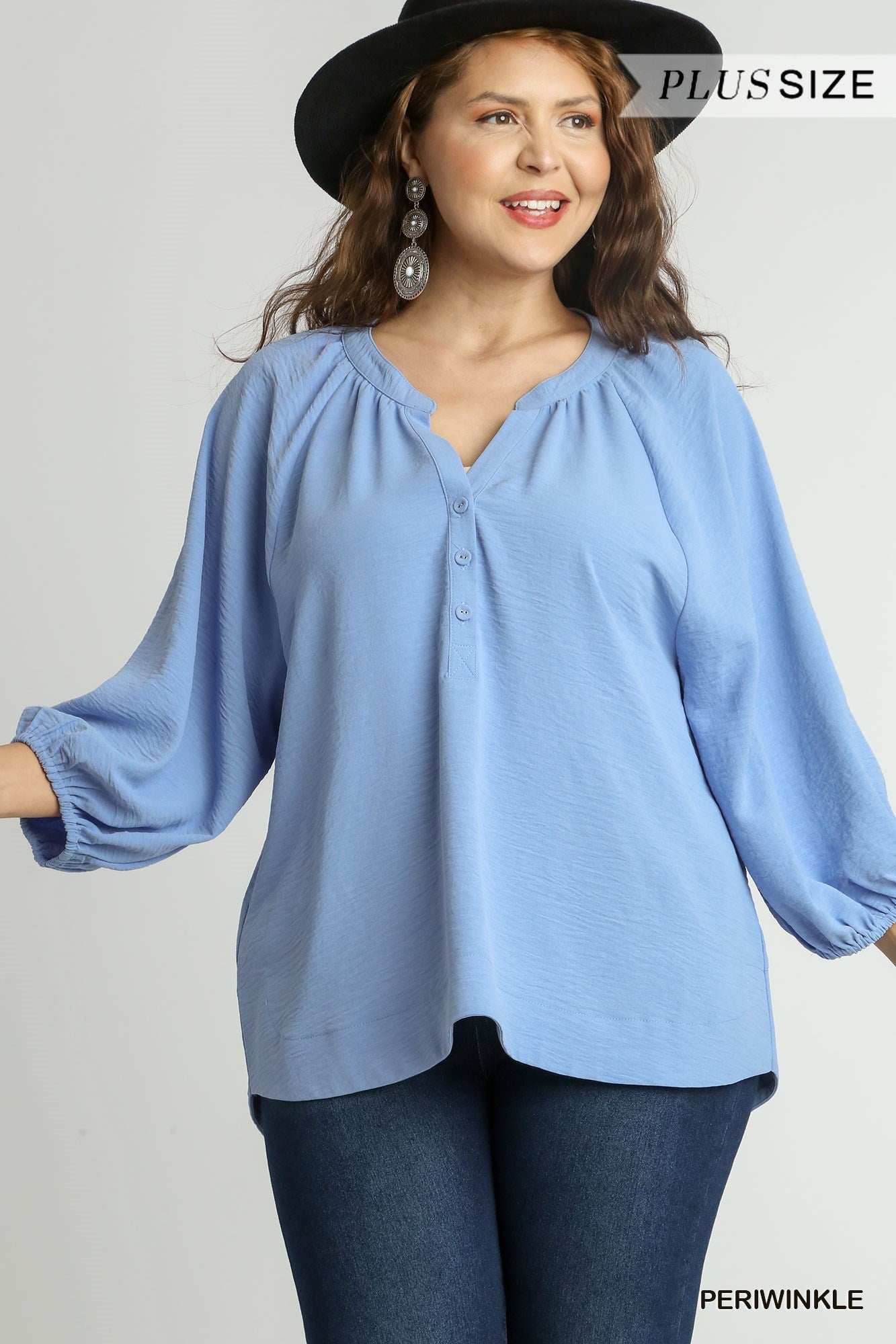 Umgee Plus Notched Neckline Raglan Sleeve High Low Hem Top