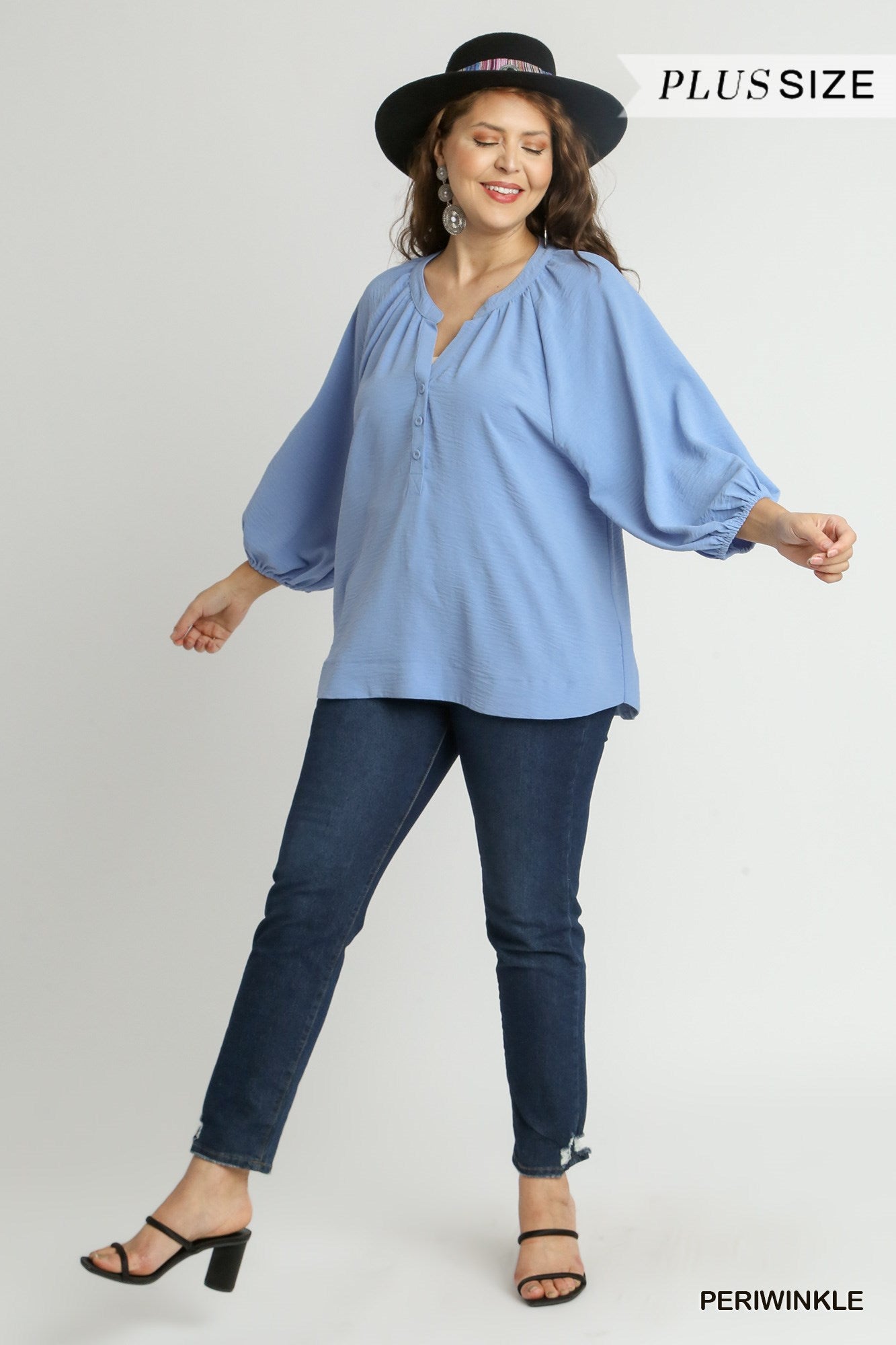 Umgee Plus Notched Neckline Raglan Sleeve High Low Hem Top