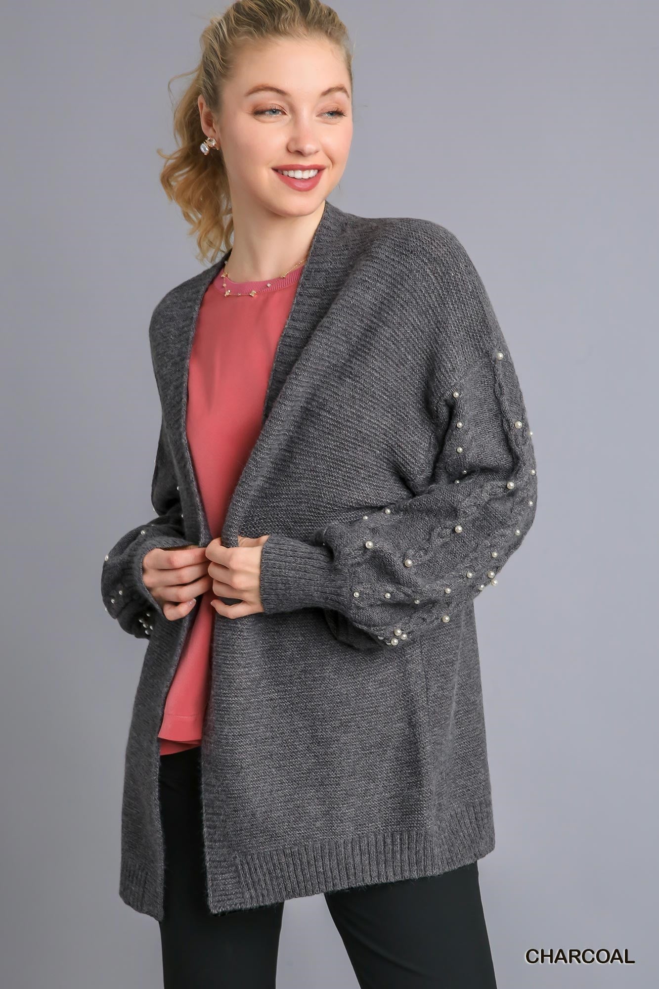 Umgee Open Front Long Sleeve Pearl Cardigan