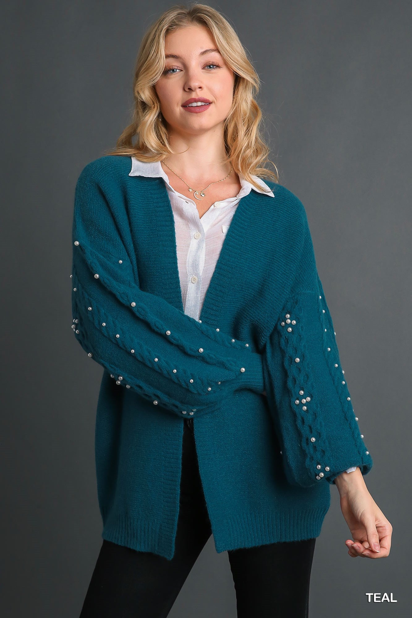 Umgee Open Front Long Sleeve Pearl Cardigan - Roulhac Fashion Boutique