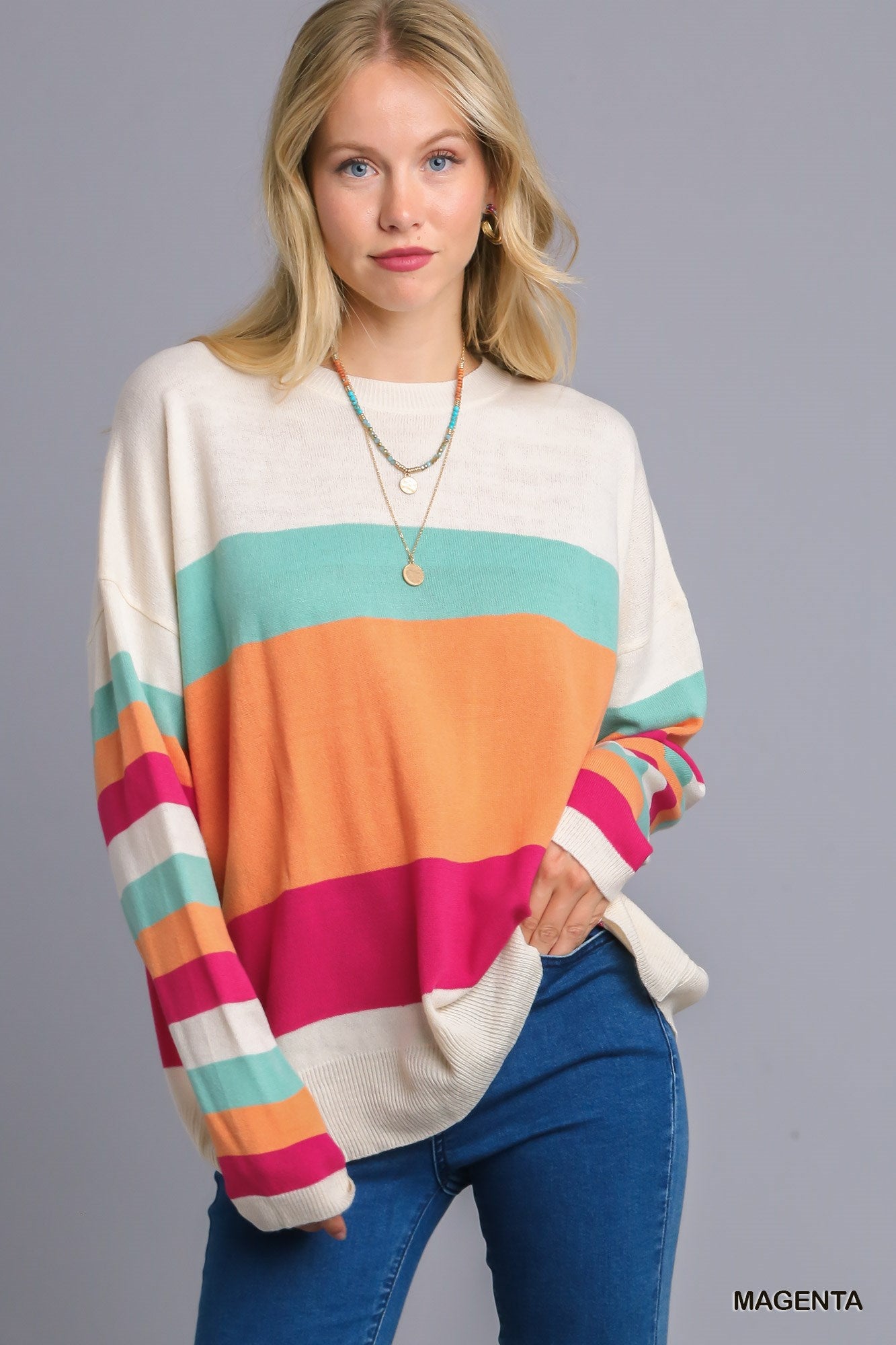 Umgee Stripe Light Weight Long Sleeve Pullover Sweater - Roulhac Fashion Boutique