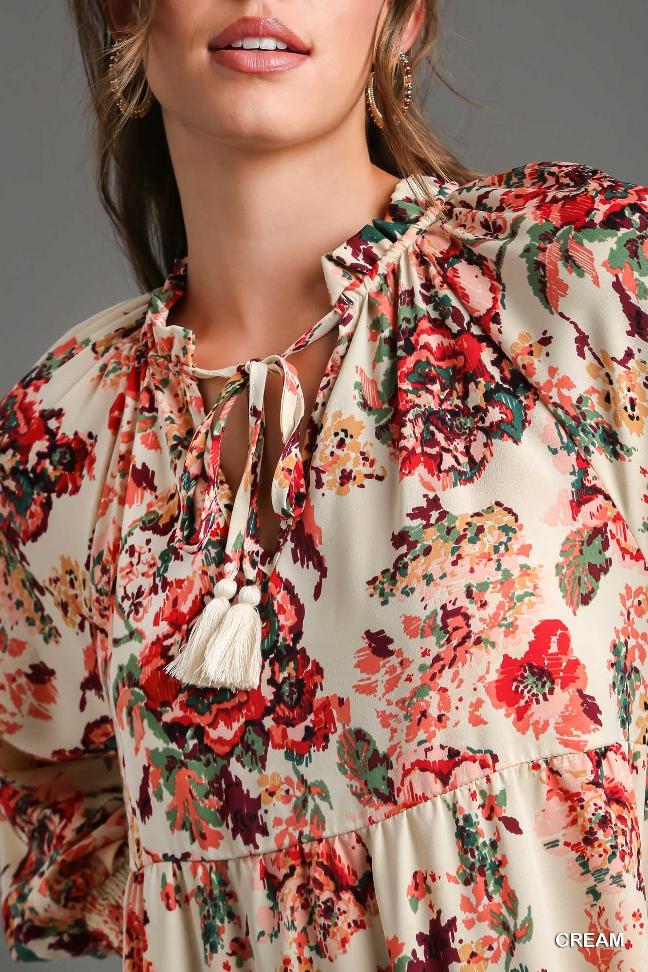 Umgee Floral Print Ruffle V-Neck Tiered Tassel Detail Maxi Dress