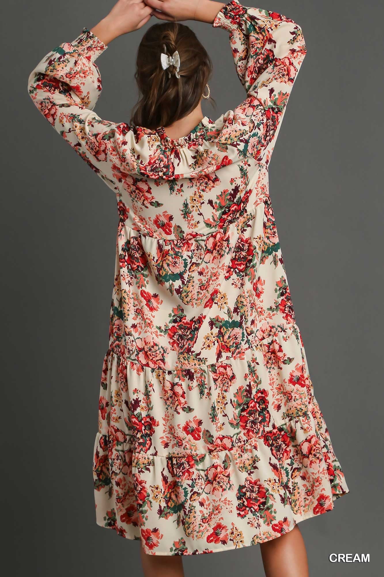 Umgee Floral Print Ruffle V-Neck Tiered Tassel Detail Maxi Dress