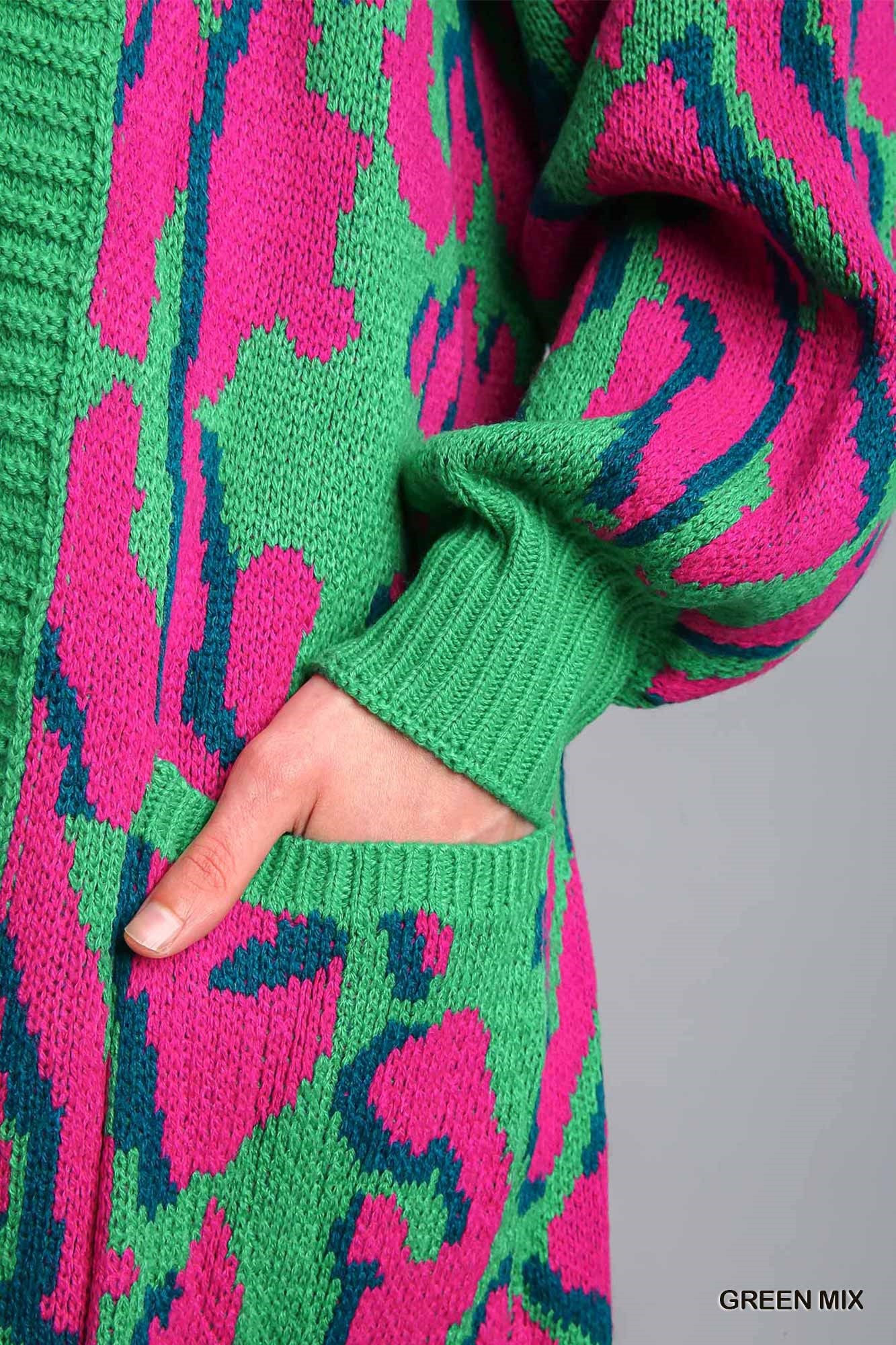 Umgee Mix Animal Print Side Pockets Cardigan Sweater