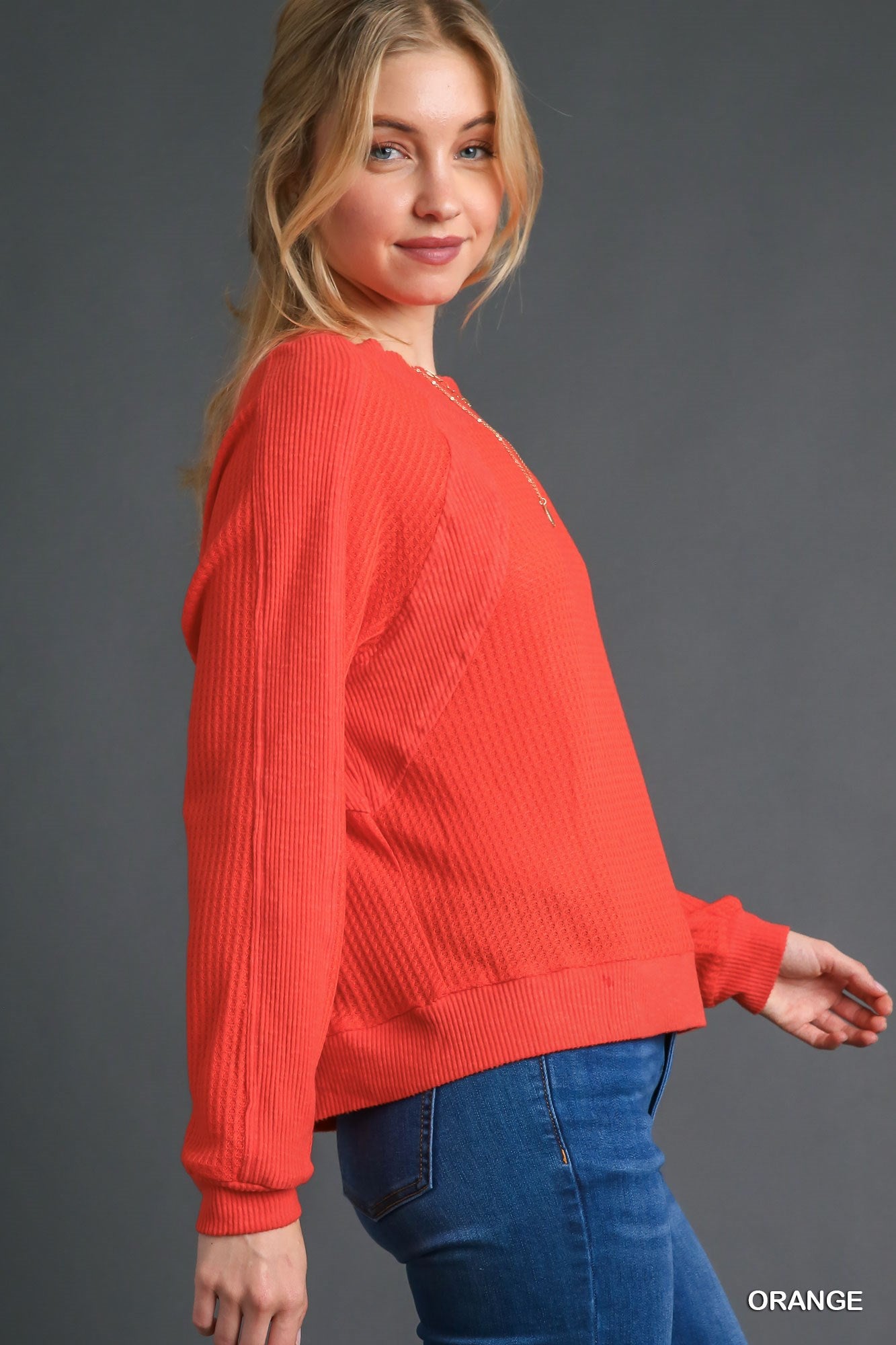 Umgee Waffle Knit and Fleece Ribbing Long Sleeve Round Neck Top - Roulhac Fashion Boutique