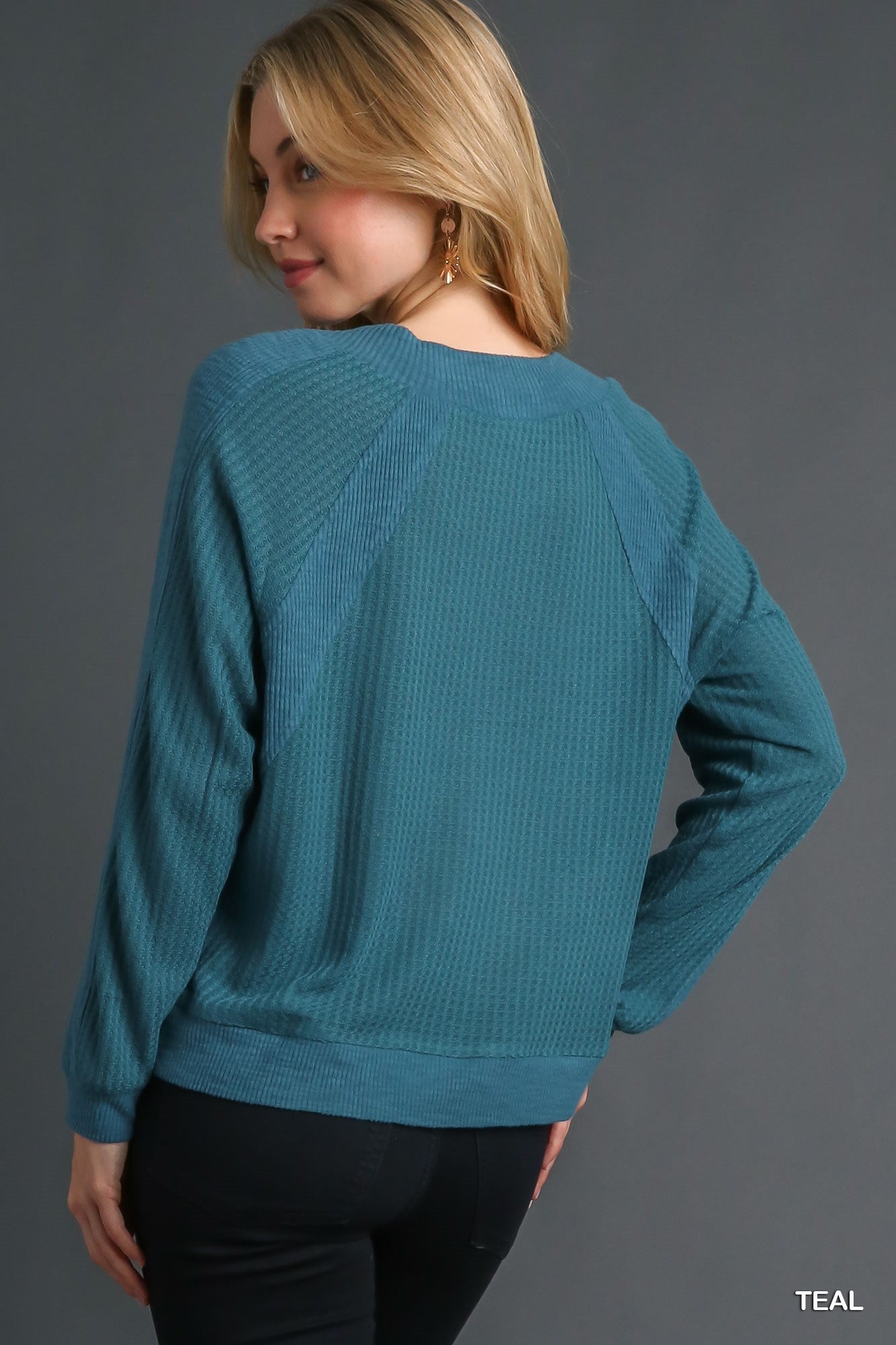 Umgee Waffle Knit and Fleece Ribbing Long Sleeve Round Neck Top - Roulhac Fashion Boutique