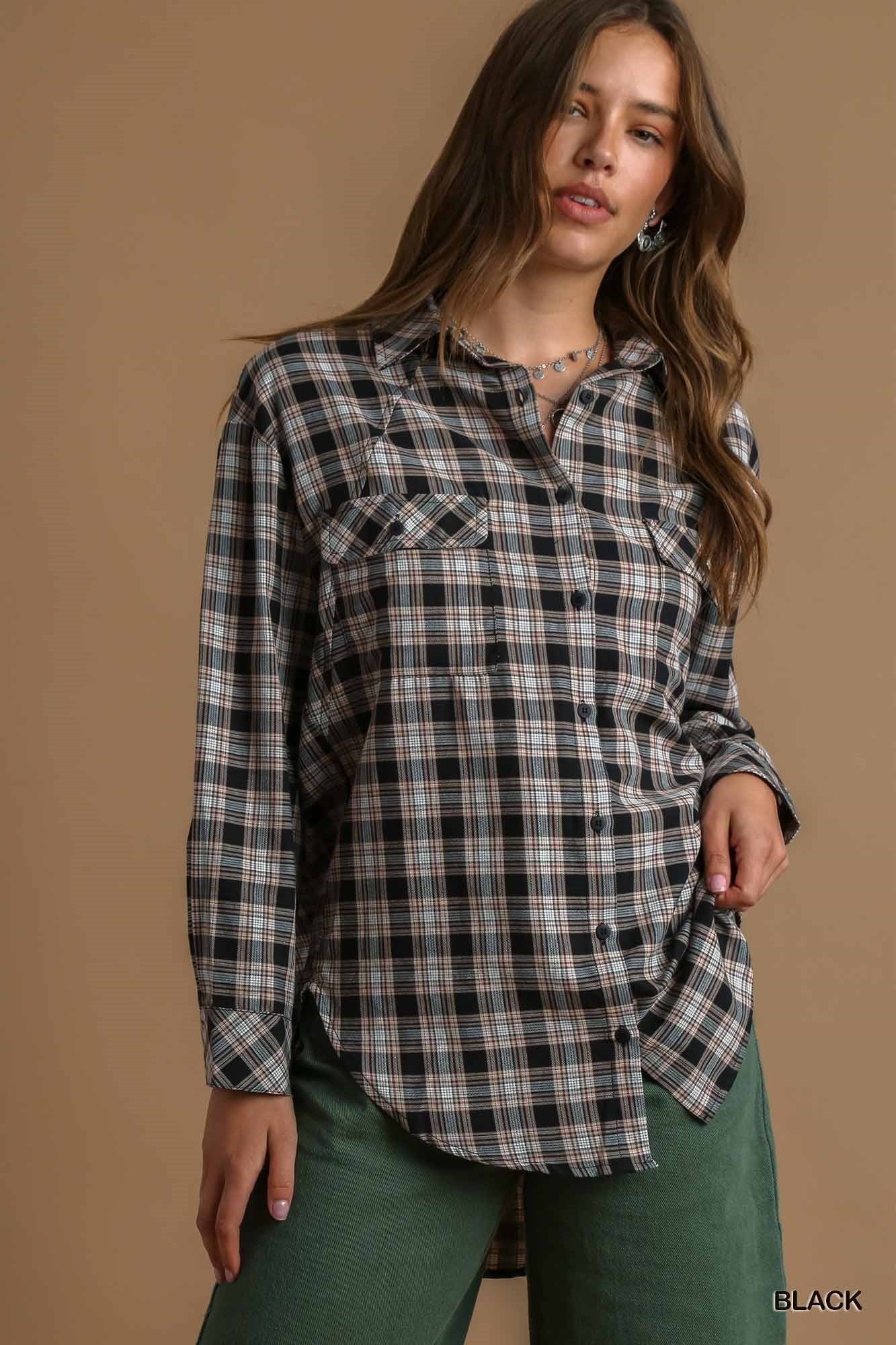 Umgee Plaid Collar Button Down High Low Hem Front Chest Pockets Top - Roulhac Fashion Boutique