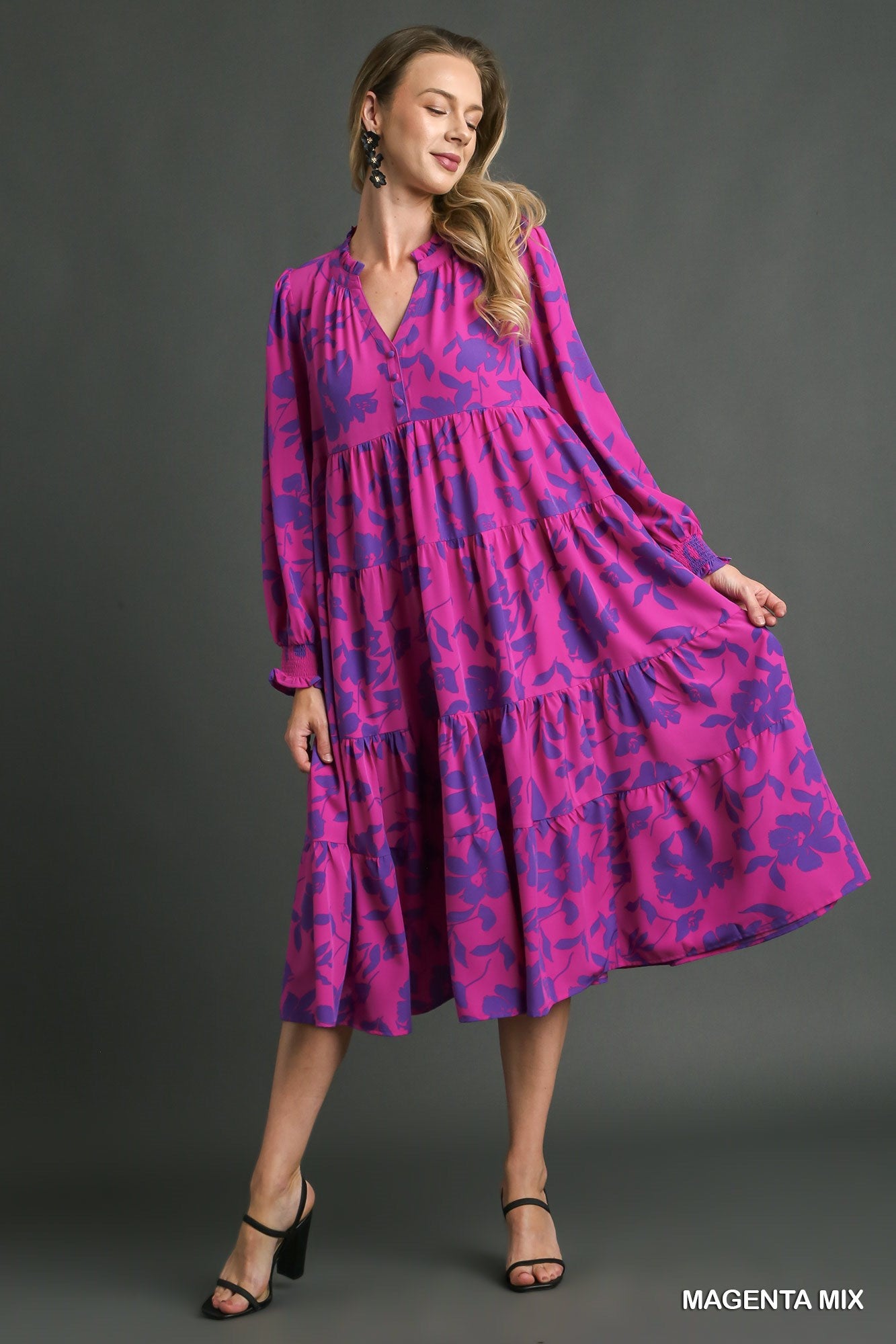 Umgee Mix Flroral Print Tiered Ruffle V-Neck Long Sleeeve Midi Dress - Roulhac Fashion Boutique