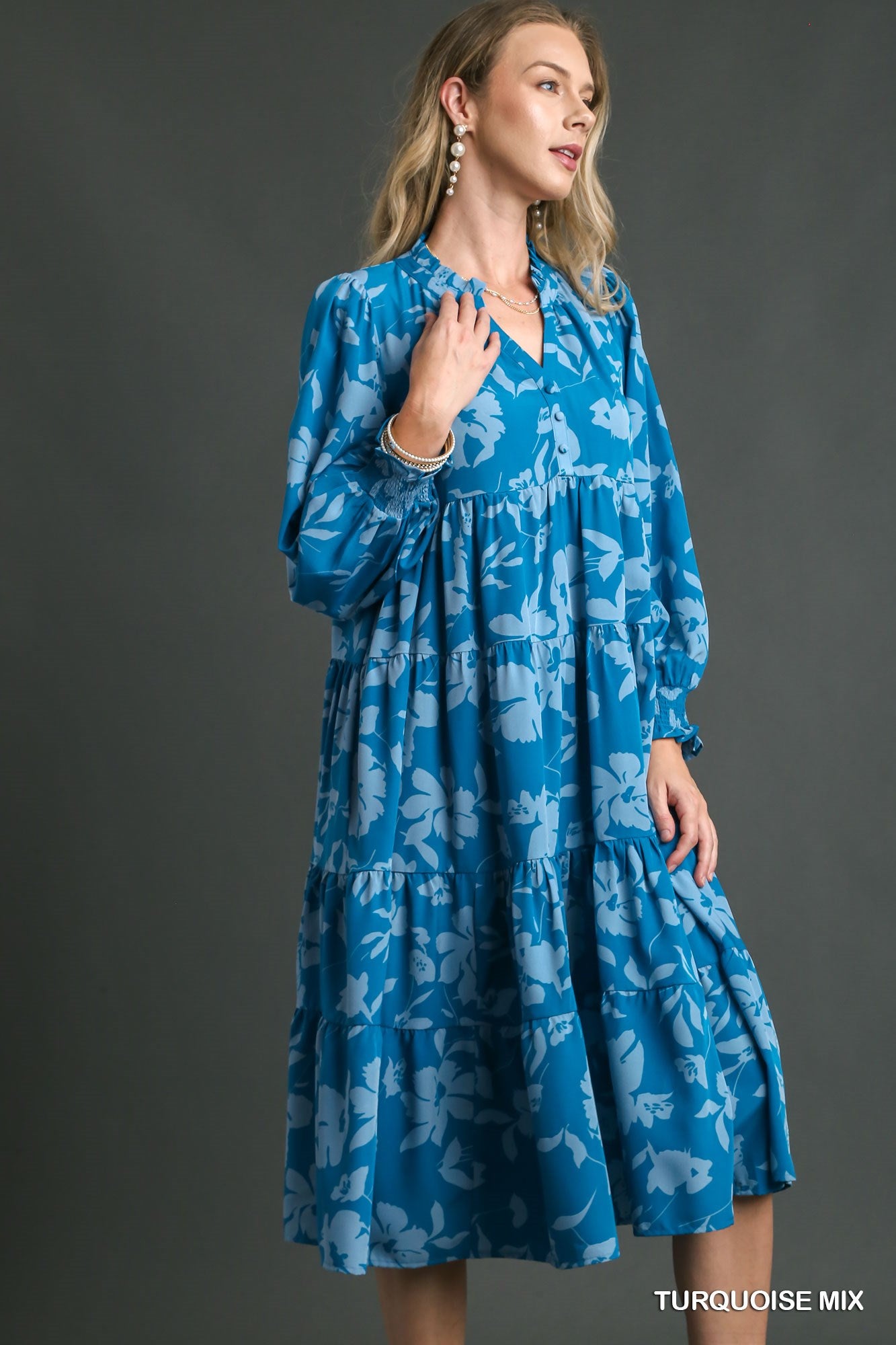Umgee Mix Flroral Print Tiered Ruffle V-Neck Long Sleeeve Midi Dress