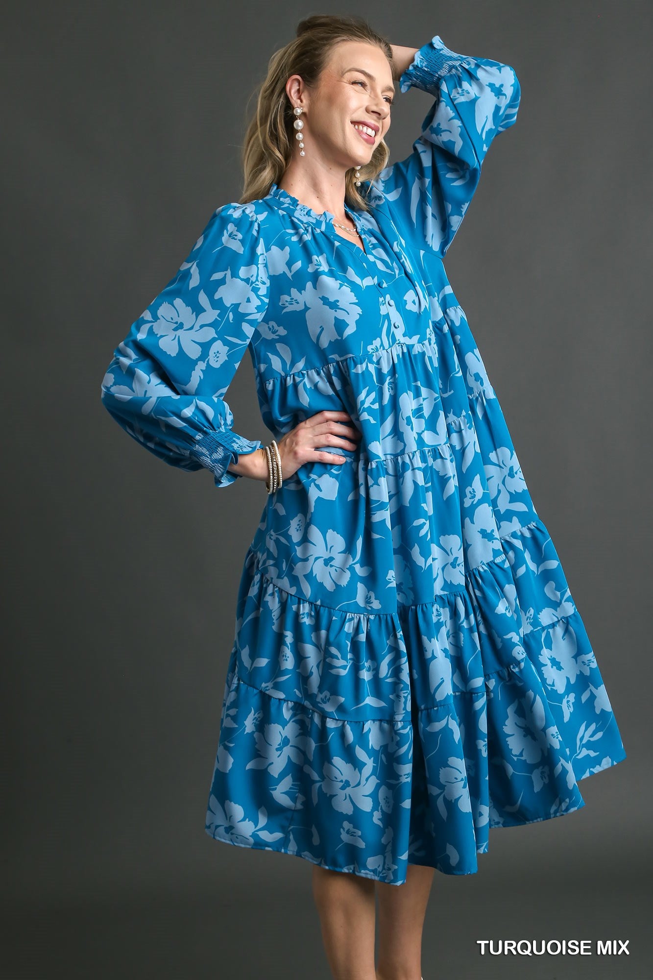 Umgee Mix Flroral Print Tiered Ruffle V-Neck Long Sleeeve Midi Dress