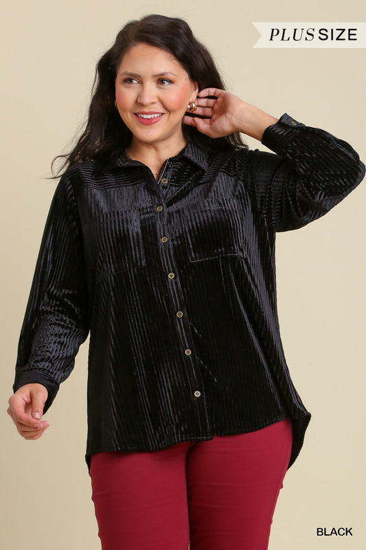 Umgee Plus Stripe Textured Velvet Button Down Shirt Top