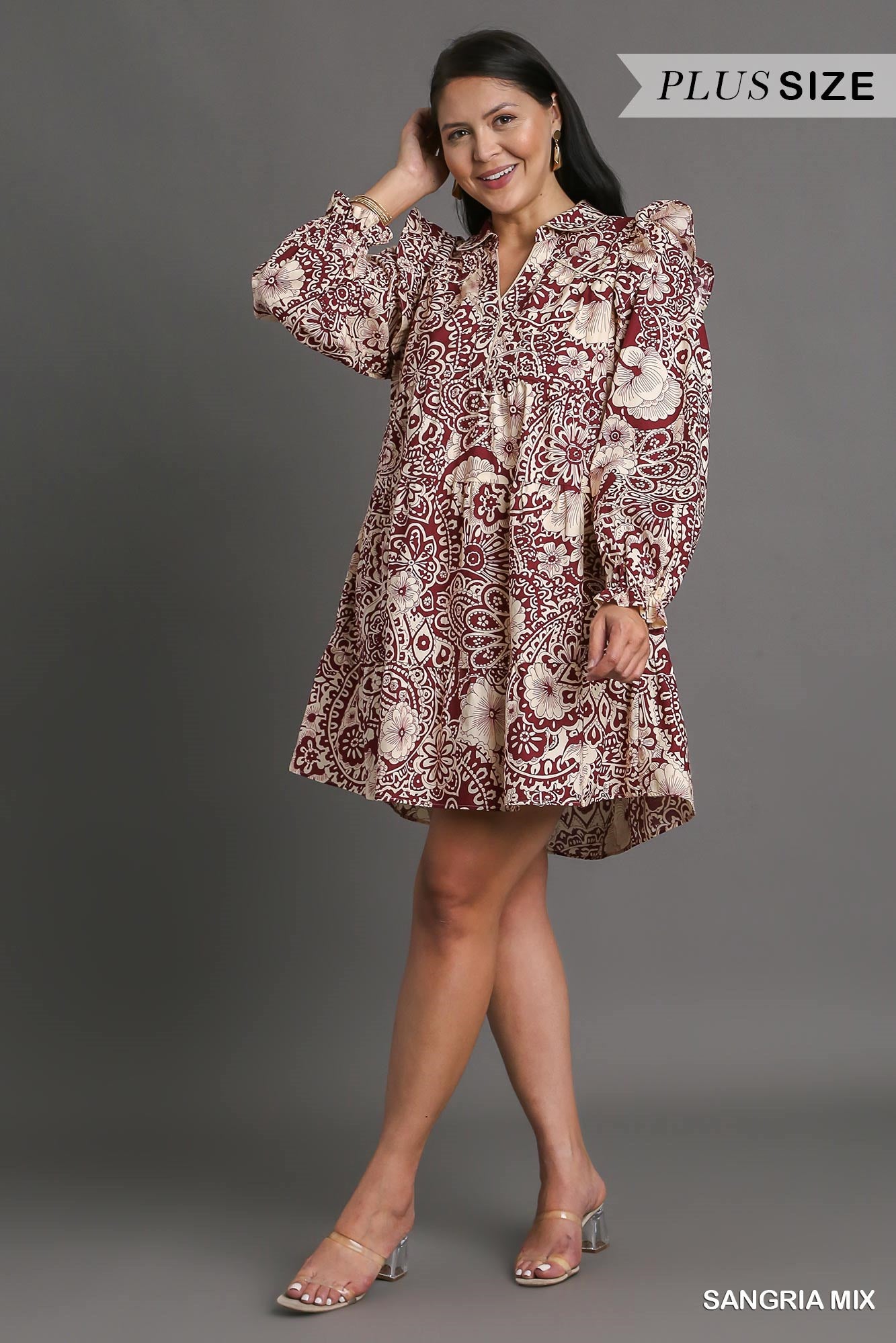 Umgee Plus Mixed Print Flutter Ruffle Long Sleeve Dress