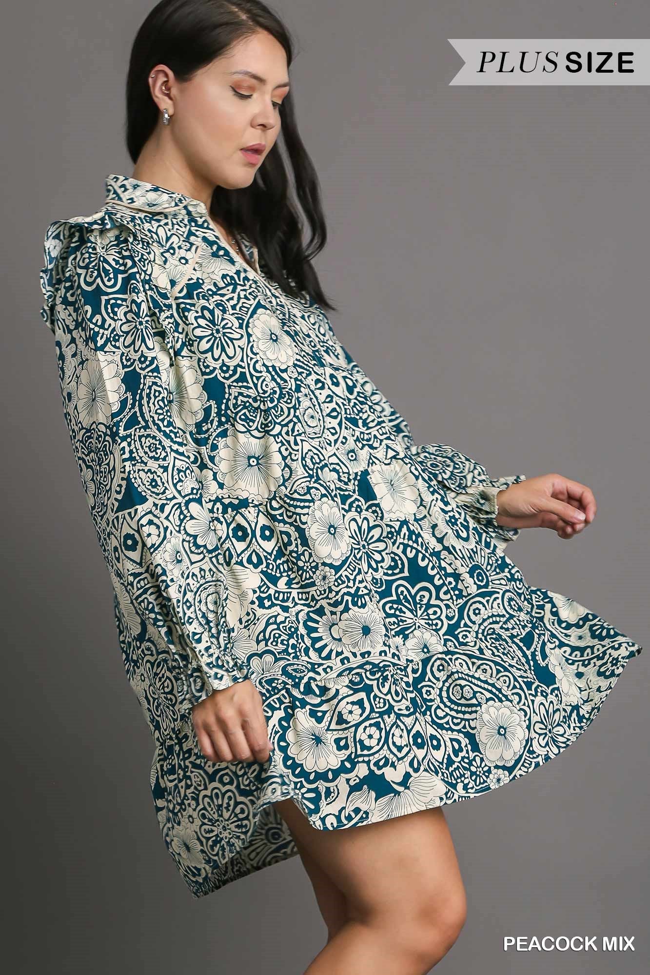 Umgee Plus Mixed Print Flutter Ruffle Long Sleeve Dress