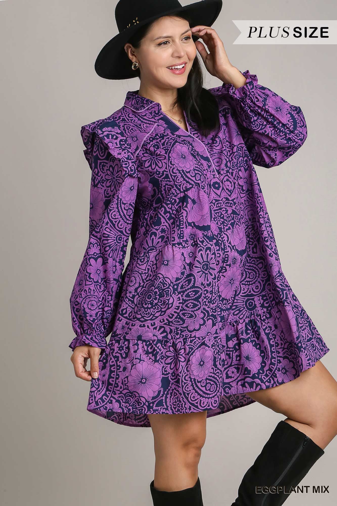 Umgee Plus Mixed Print Flutter Ruffle Long Sleeve Dress