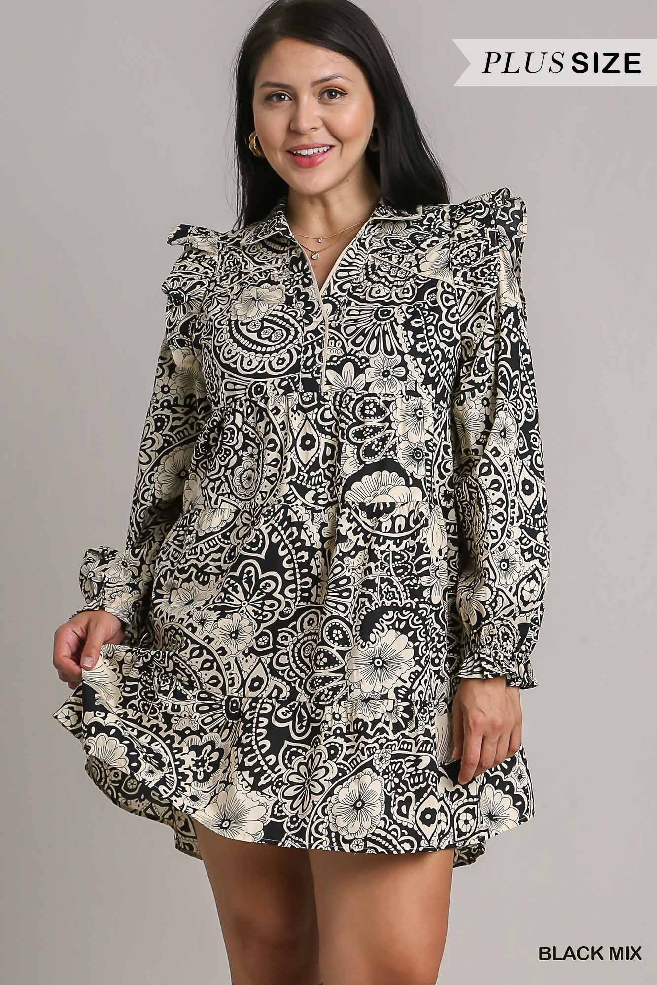 Umgee Plus Mixed Print Flutter Ruffle Long Sleeve Dress