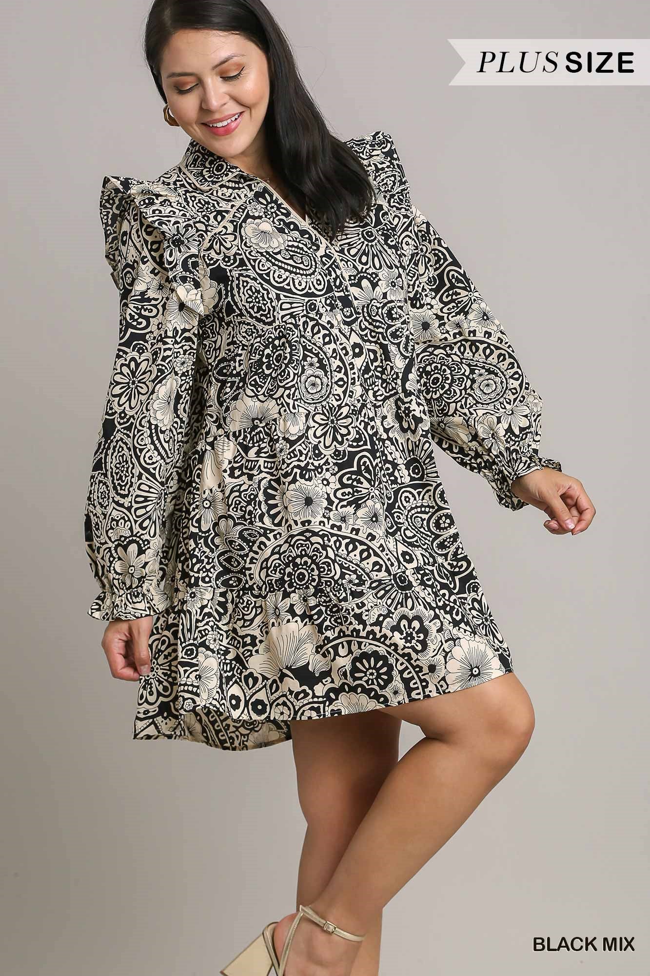 Umgee Plus Mixed Print Flutter Ruffle Long Sleeve Dress