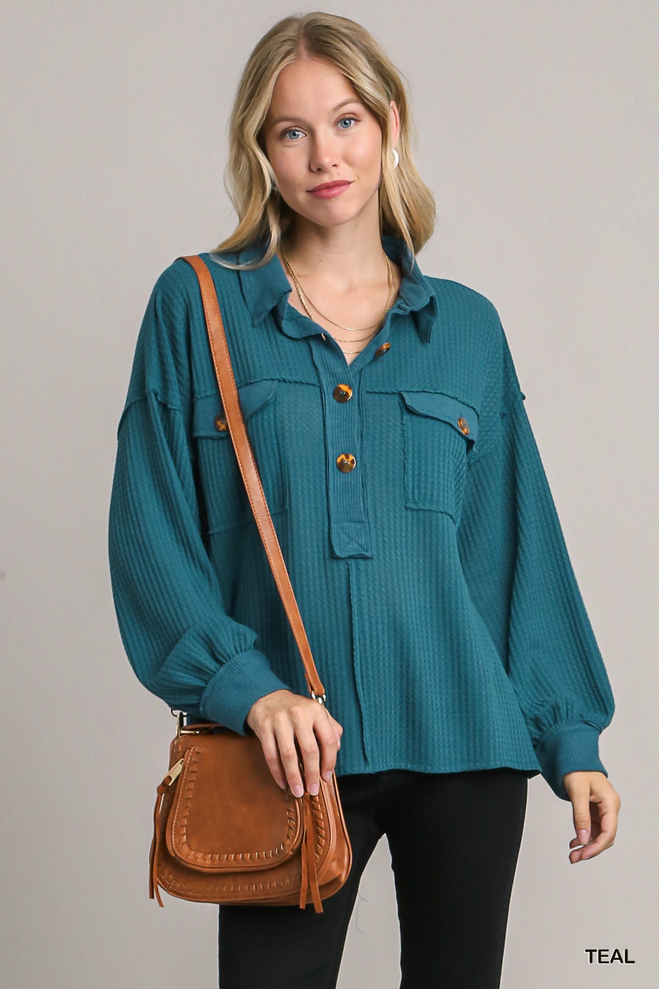 Umgee Waffle and Fleece Rib Contrast with Buttons Top - Roulhac Fashion Boutique
