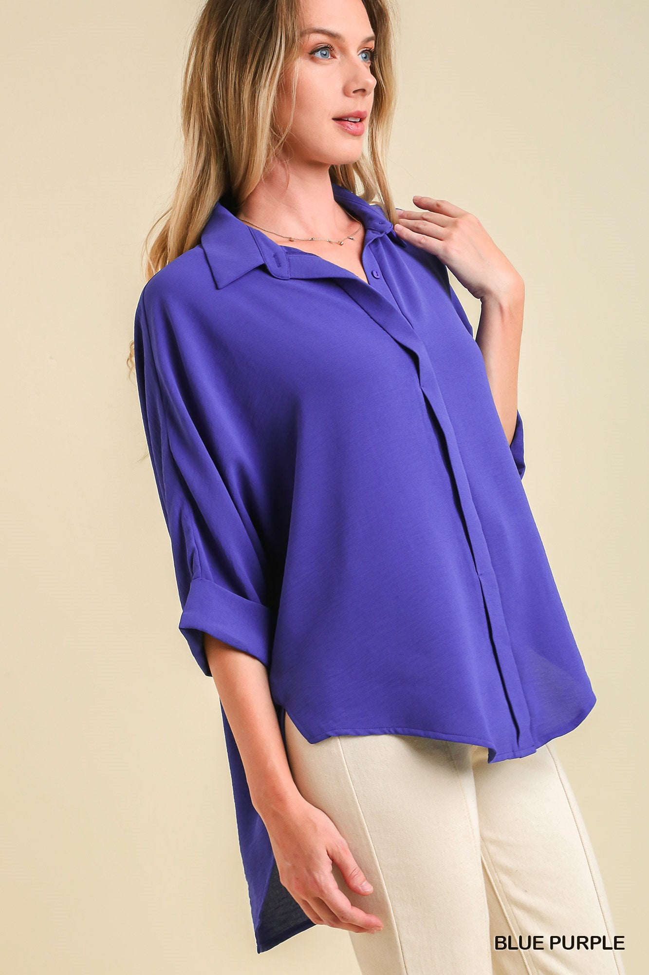 Umgee 3/4 Folded Sleeve Button Down High Low Hem Top - Roulhac Fashion Boutique