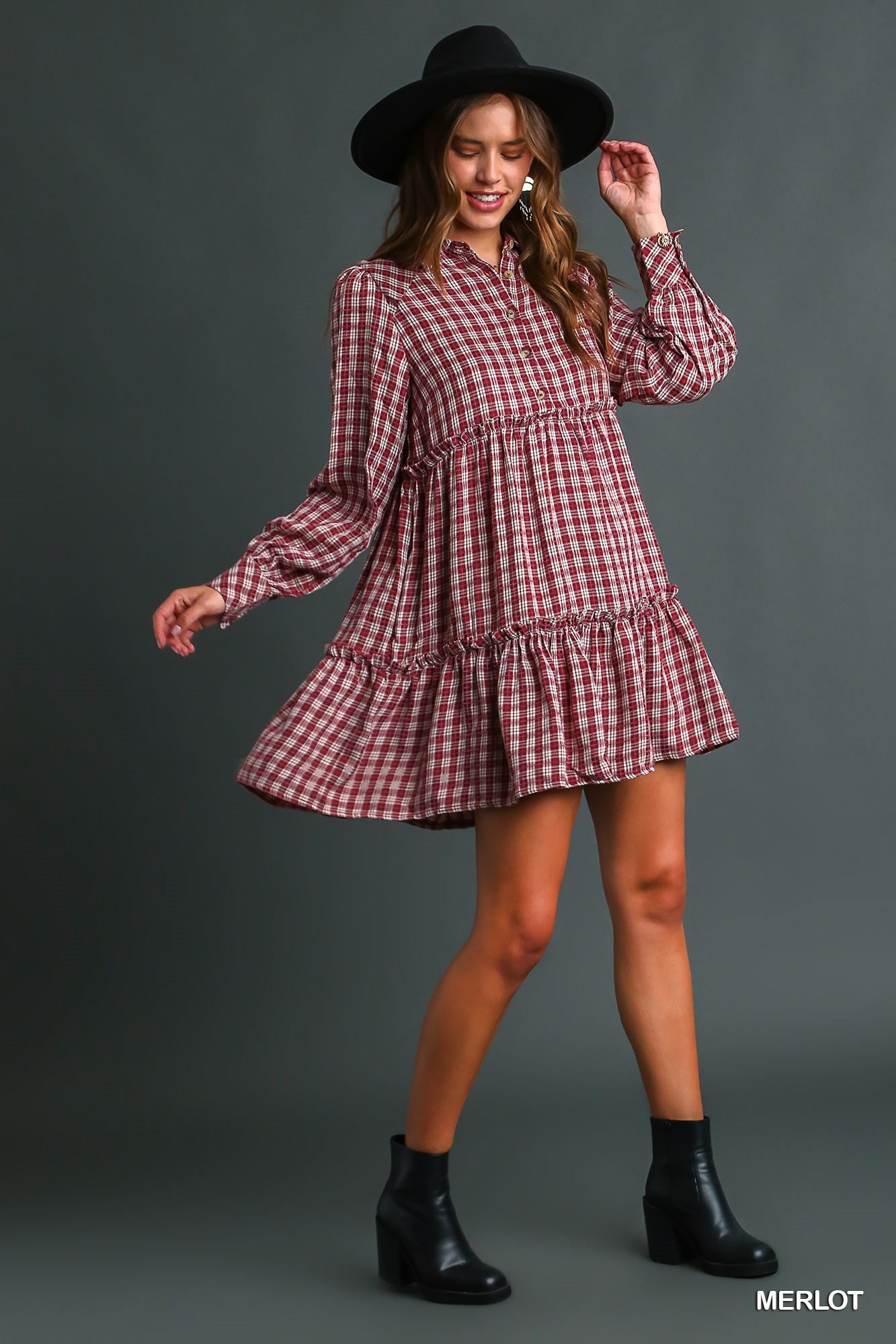 Umgee Long Sleeve Ruffle Tiers Plaid Side Pockets Dress - Roulhac Fashion Boutique