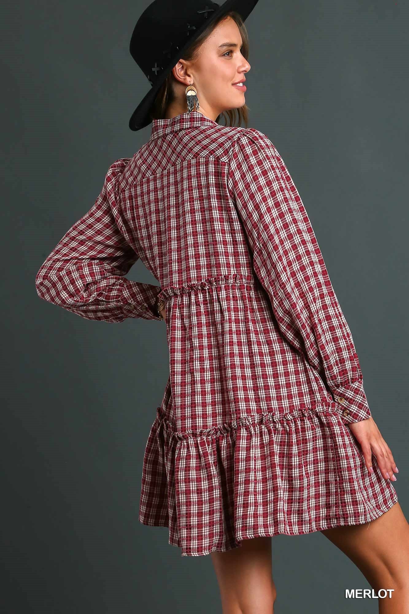 Umgee Long Sleeve Ruffle Tiers Plaid Side Pockets Dress - Roulhac Fashion Boutique
