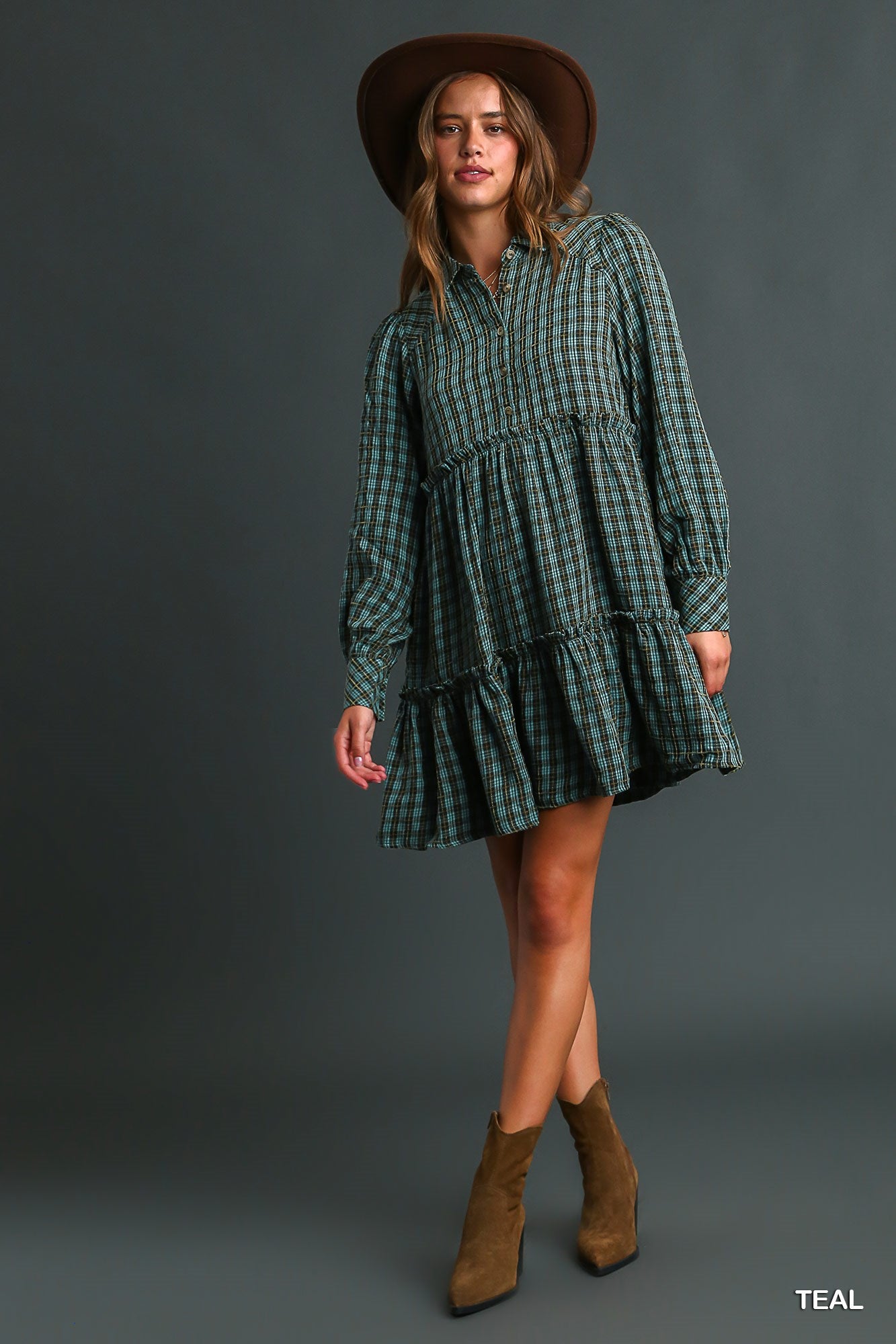 Umgee Long Sleeve Ruffle Tiers Plaid Side Pockets Dress - Roulhac Fashion Boutique