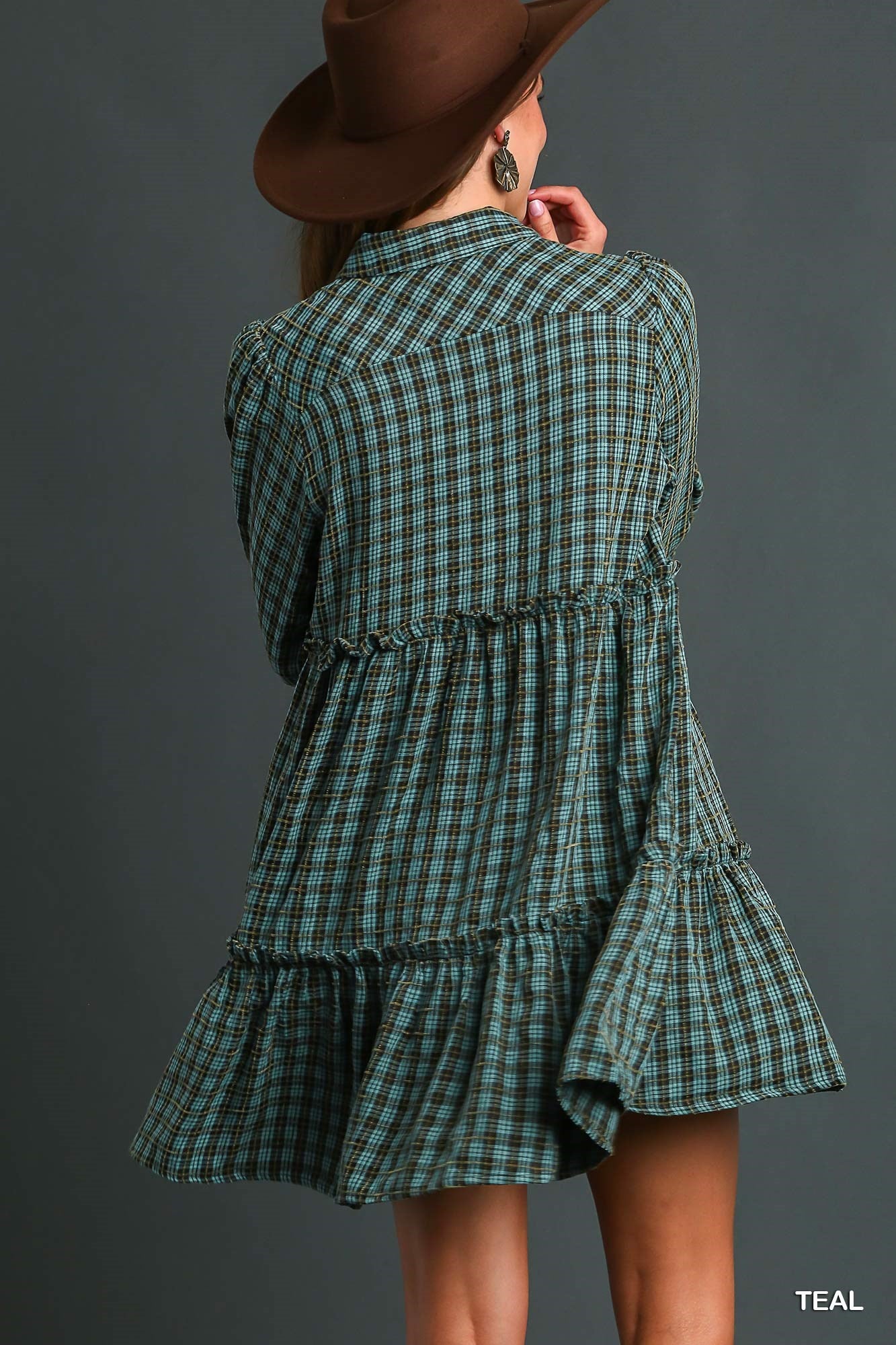 Umgee Long Sleeve Ruffle Tiers Plaid Side Pockets Dress