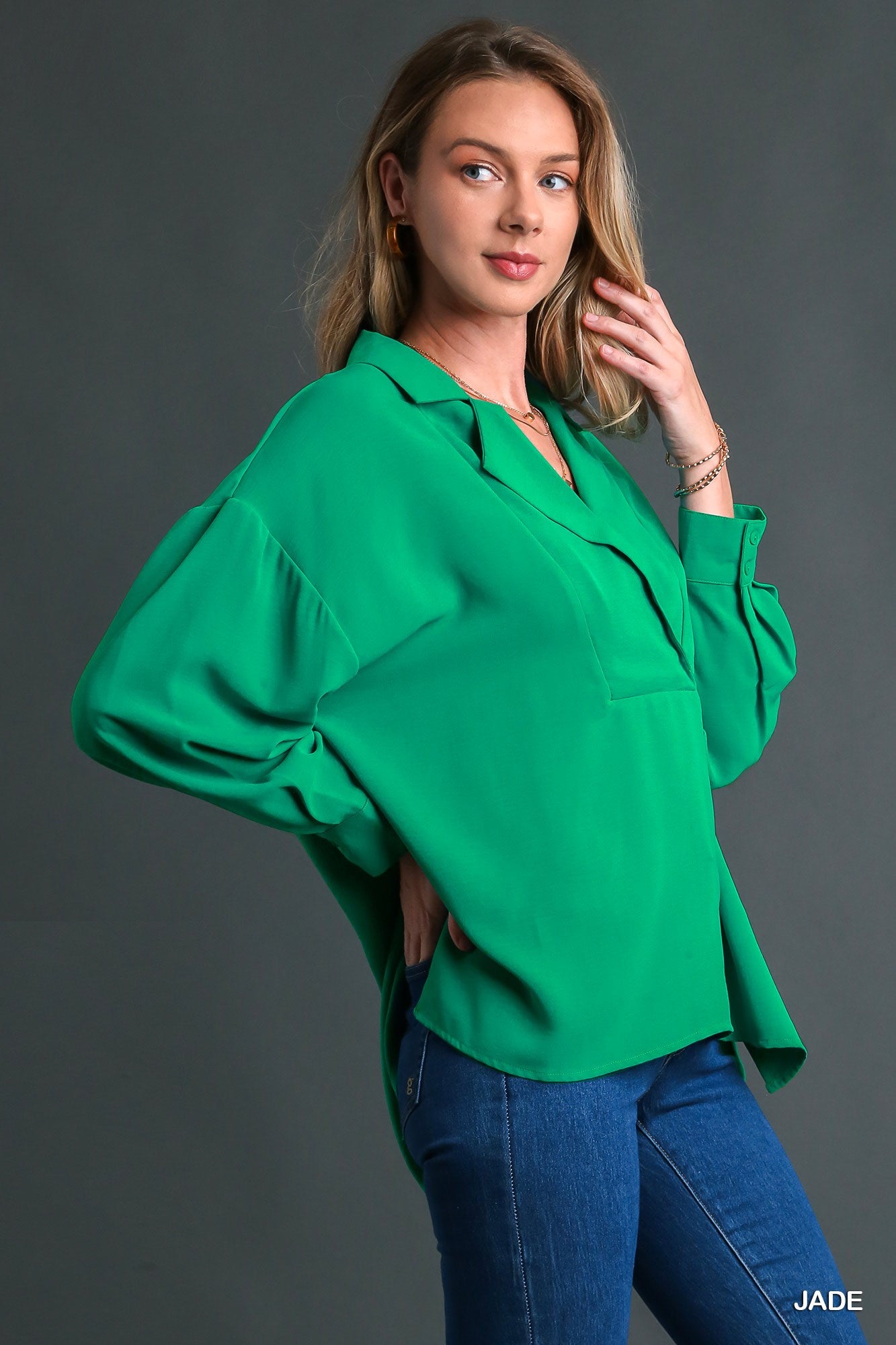 Umgee Texture Fabric Wide Placket Long Sleeve Cuffed Top - Roulhac Fashion Boutique