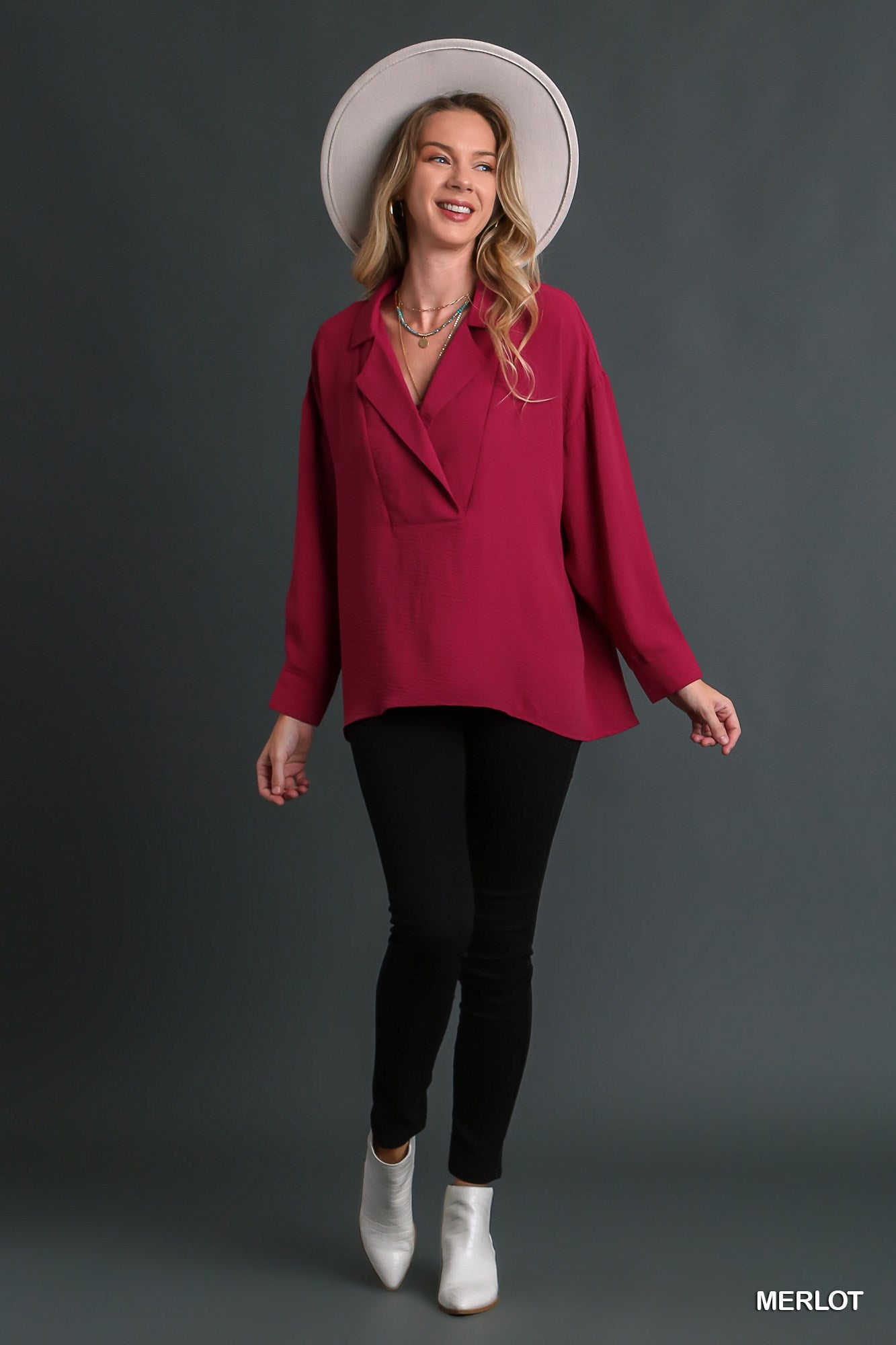 Umgee Texture Fabric Wide Placket Long Sleeve Cuffed Top - Roulhac Fashion Boutique