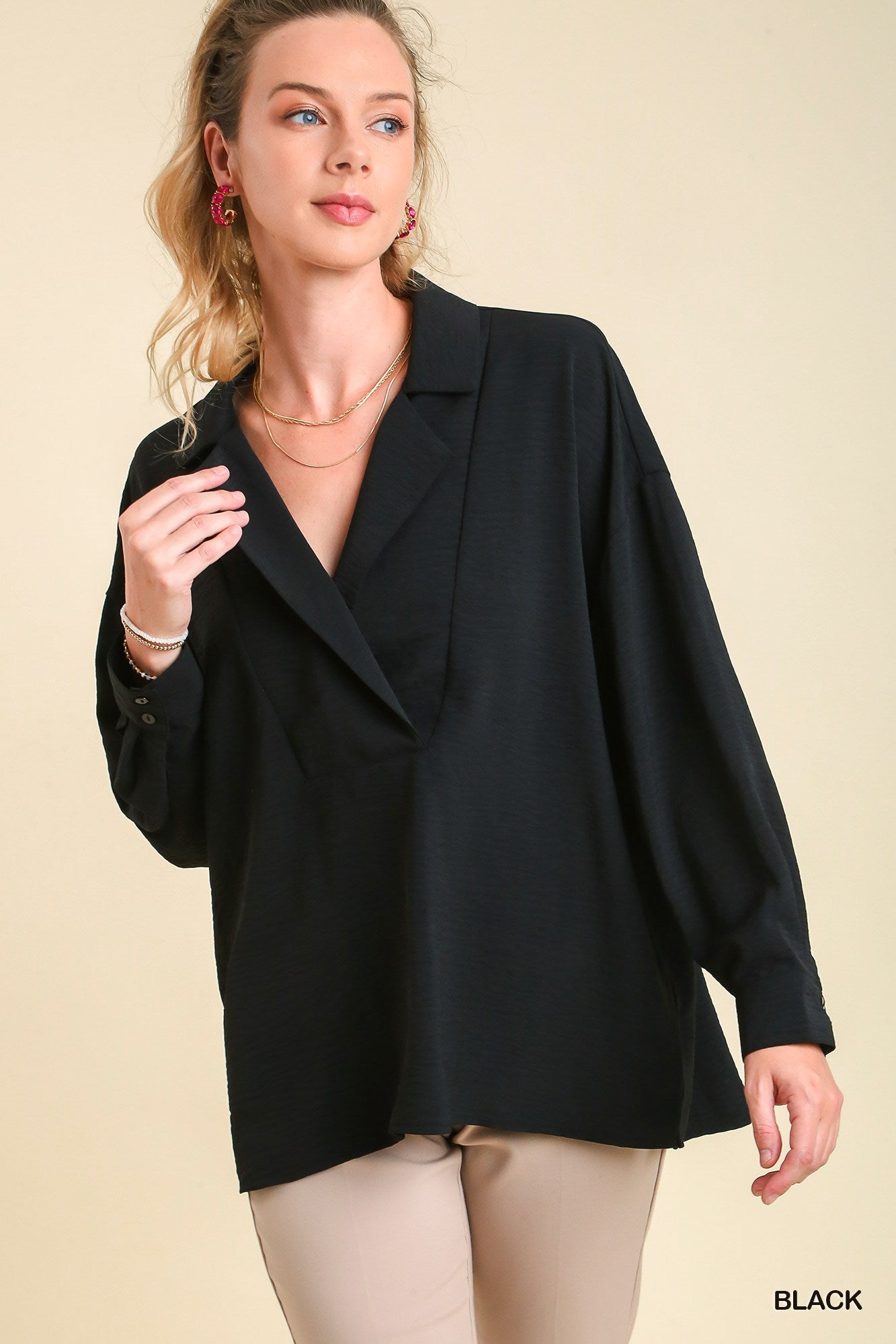 Umgee Texture Fabric Wide Placket Long Sleeve Cuffed Top